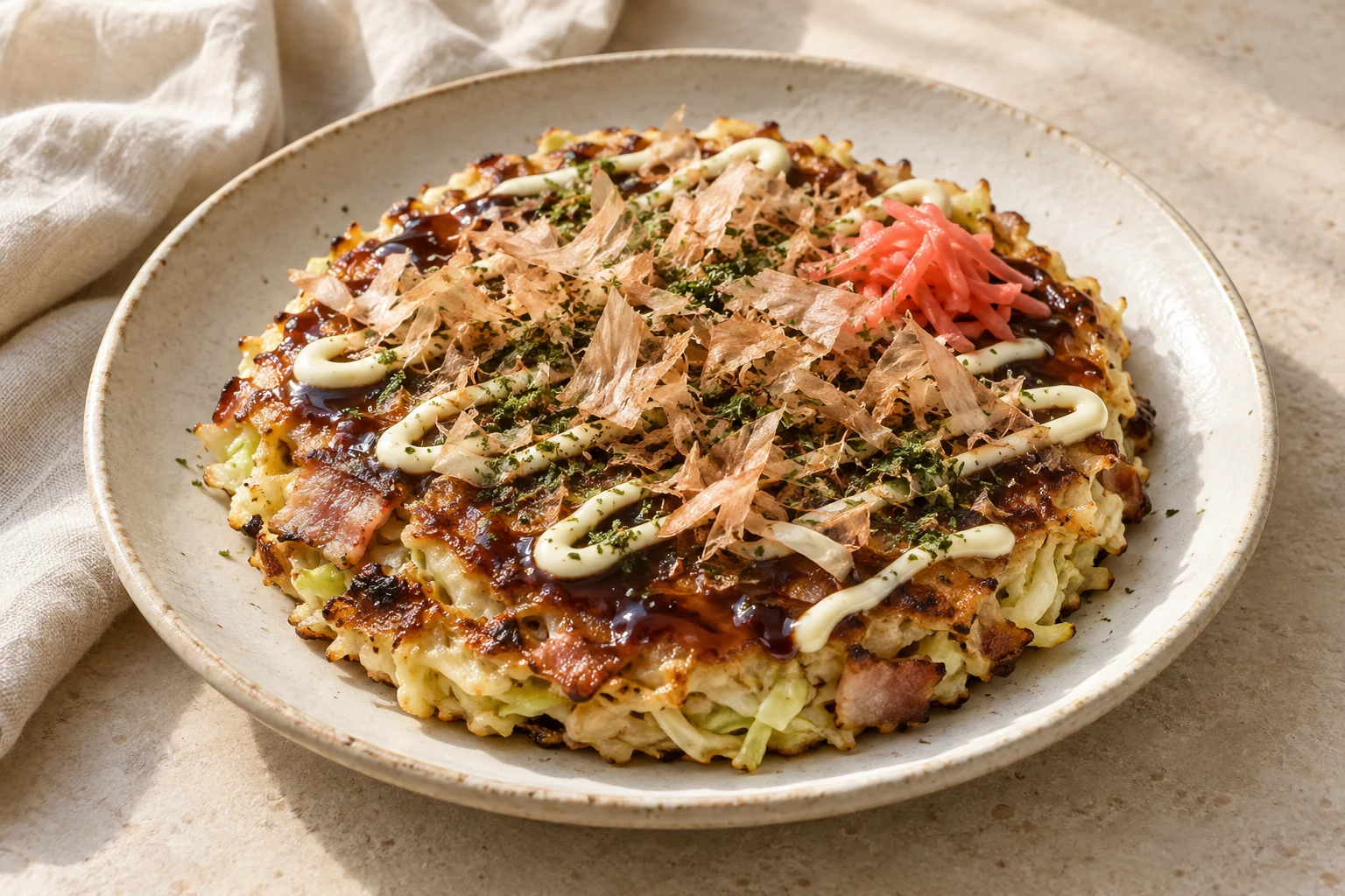 A rustic cabbage pancake with brown sauce, irregular mayonnaise drizzles, bonito flakes, green aonori, and a small red pickled-ginger accent