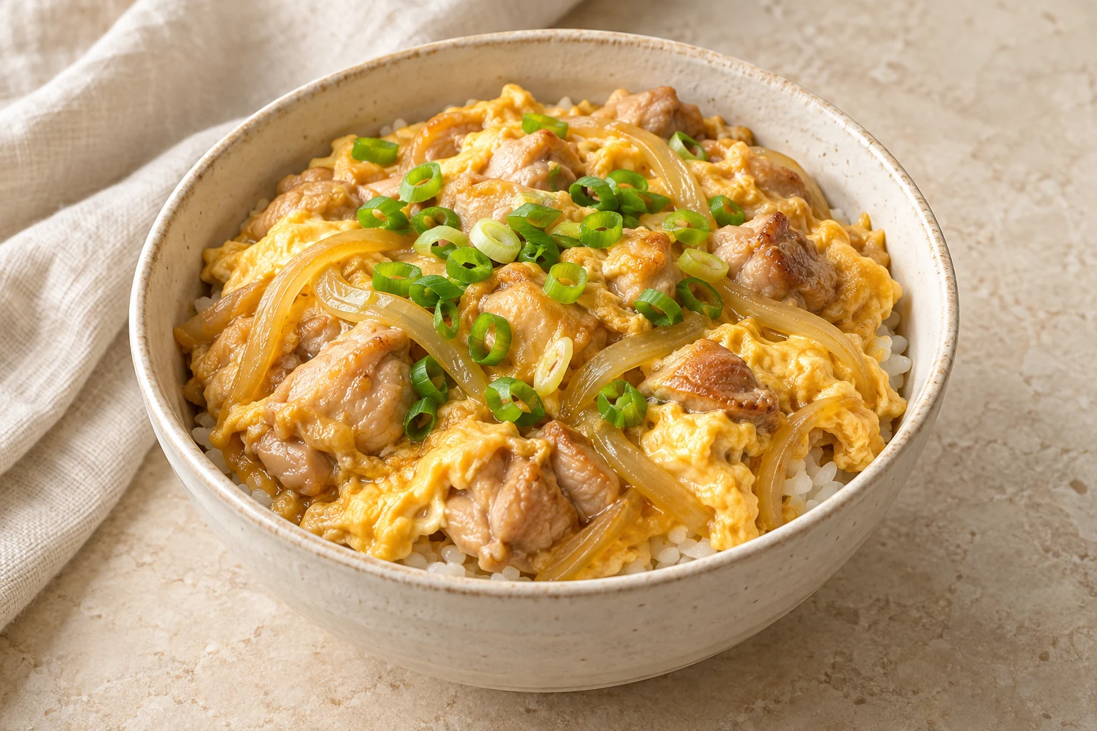 Chicken pieces, soft fully set egg, and translucent onion over white short-grain rice with a loose scatter of scallion