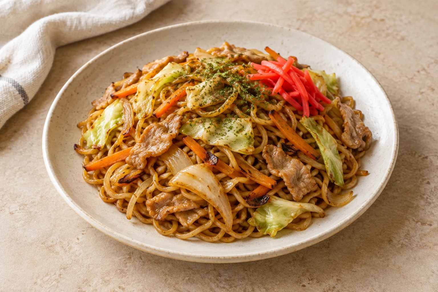 Glossy stir-fried wheat noodles with thin pork strips, cabbage, carrot, onion, scattered aonori, and a small pickled-ginger accent