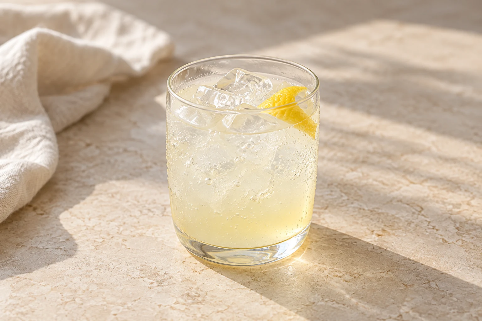 Pale yellow sparkling yuzu drink with uneven ice cubes and a small irregular curl of citrus peel