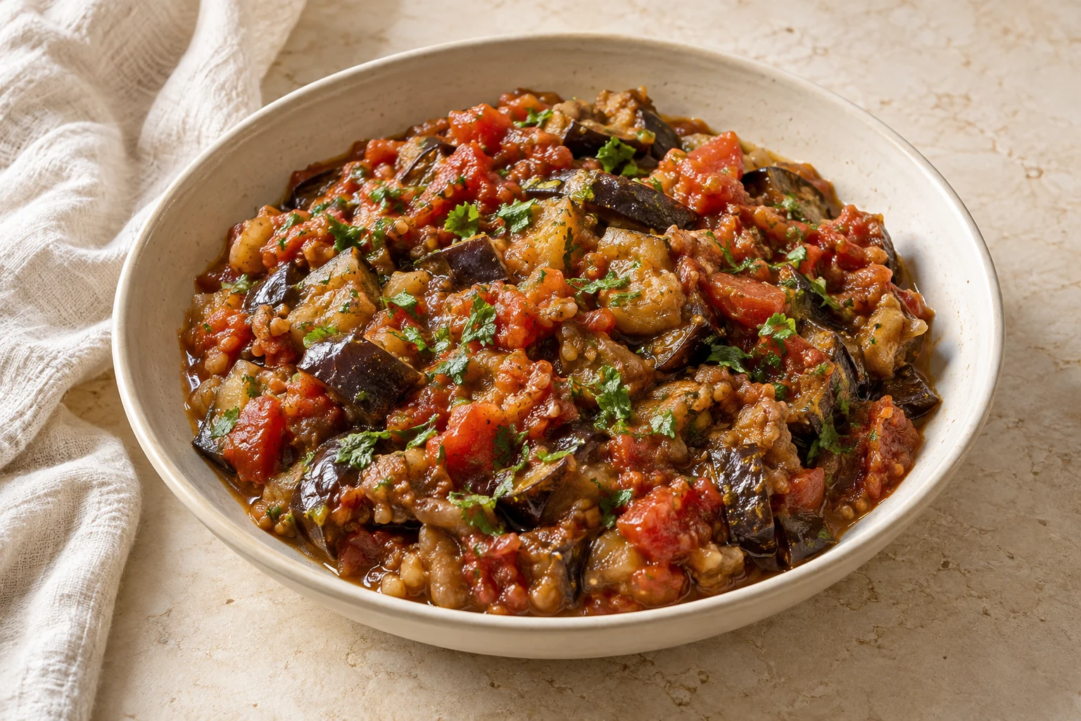 Chunky soft eggplant and tomato salad with an olive-oil sheen and a light irregular scatter of parsley