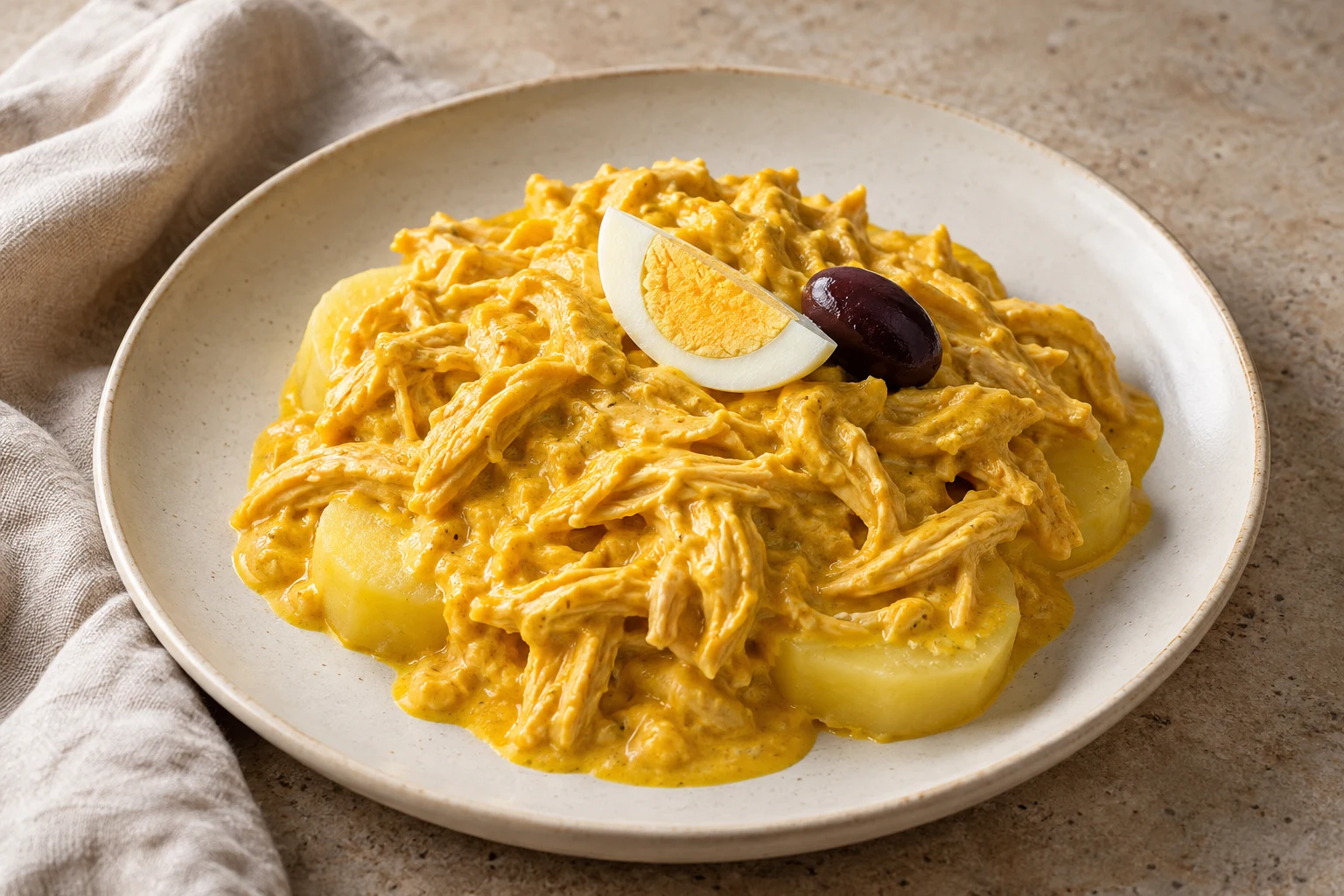 Golden creamy shredded chicken over potato rounds with a boiled-egg wedge and black olive, casually plated