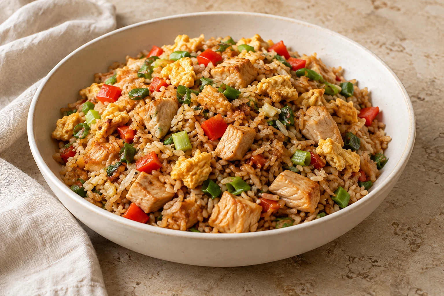 Soy-seasoned fried rice with small chicken pieces, irregular egg ribbons, red bell pepper, and scattered scallions
