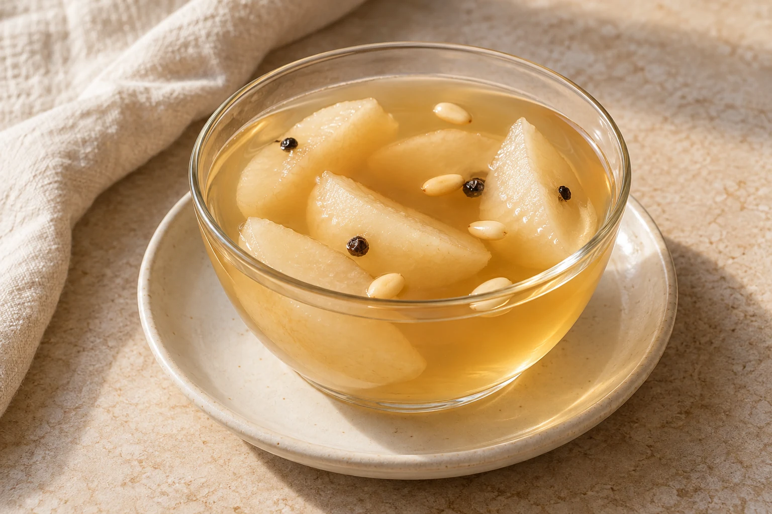 Pale golden pear and ginger punch with tender pear wedges, a few embedded black peppercorns, and loosely floating pine nuts