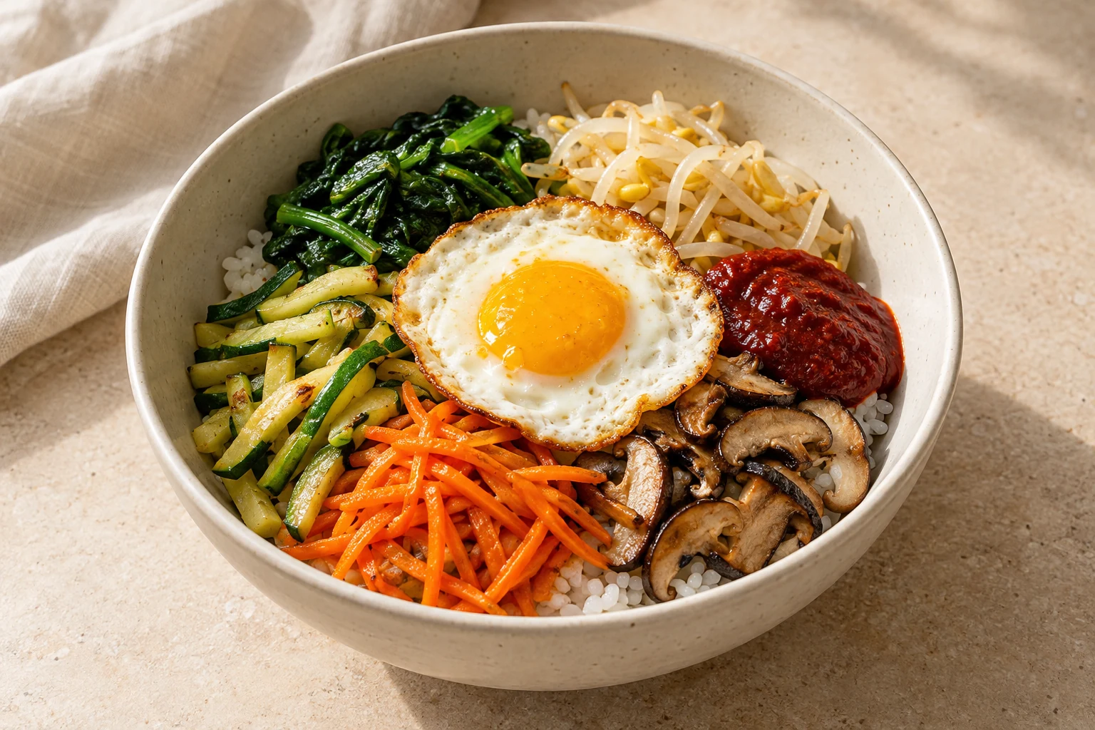 White rice with loosely arranged spinach, bean sprouts, carrot, zucchini, mushrooms, a fully set fried egg, and red gochujang sauce