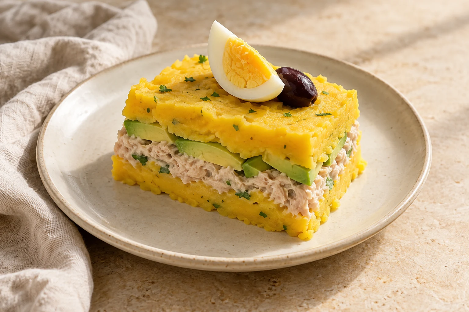 Rustic slice of yellow potato causa with tuna-mayonnaise and avocado layers, topped with boiled egg, a black olive, and a few parsley flecks