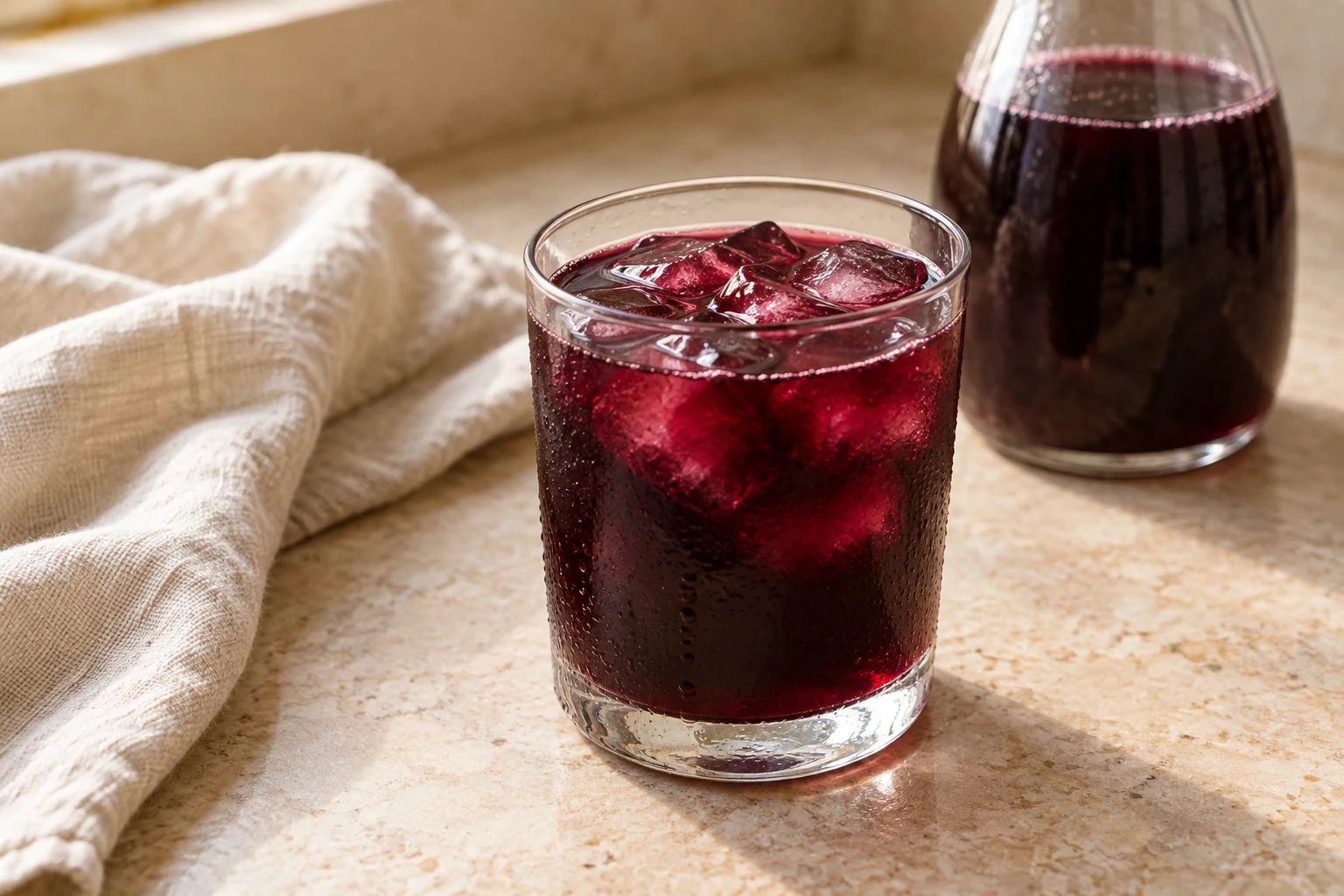 Deep-purple chicha morada in a clear drinking glass with naturally uneven ice cubes and no fruit garnish
