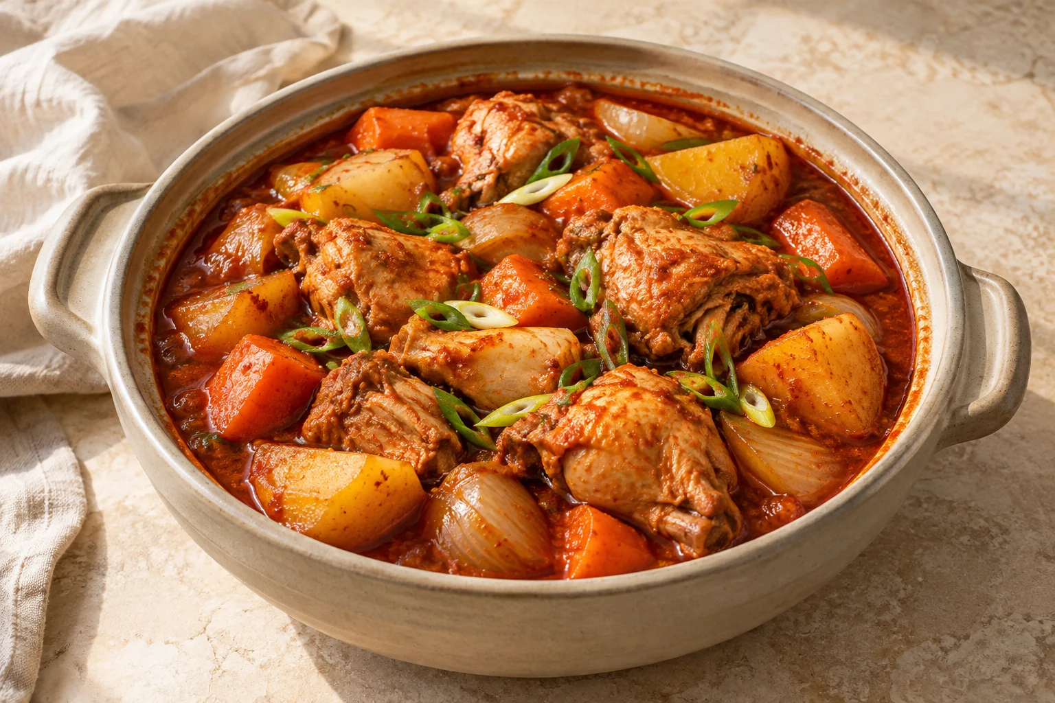 Rustic red chicken stew with bone-in thigh pieces, irregular potato and carrot chunks, onion, and loose scallion slices
