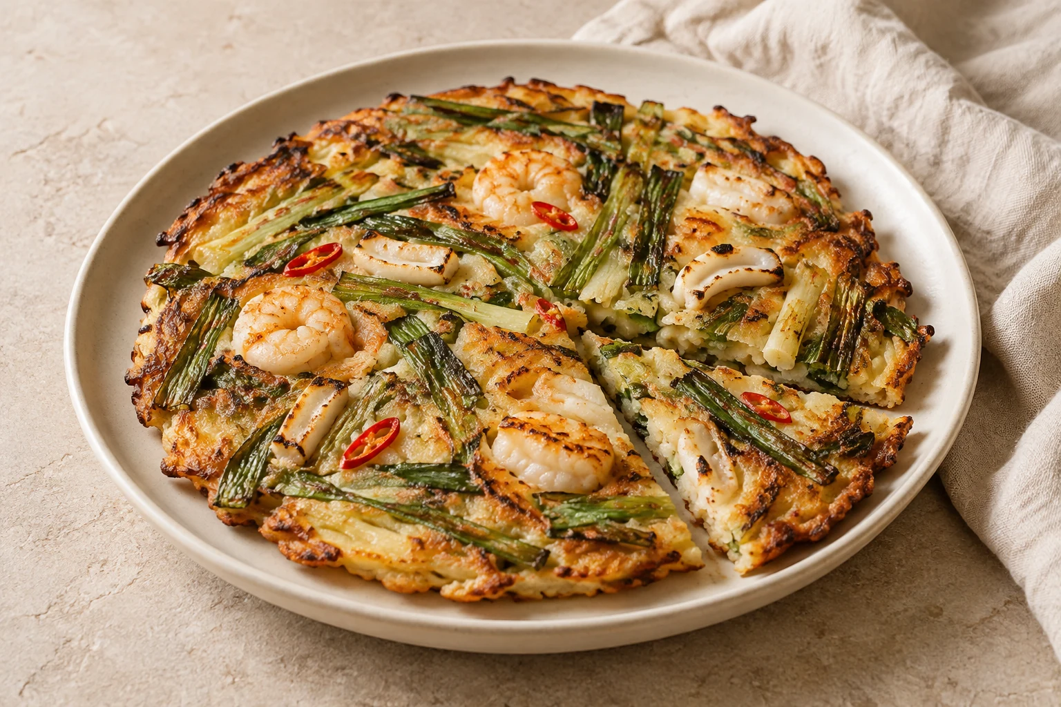 Golden savory pancake wedges with long green scallions, shrimp and squid pieces, irregular red chili slices, and a small soy dipping bowl