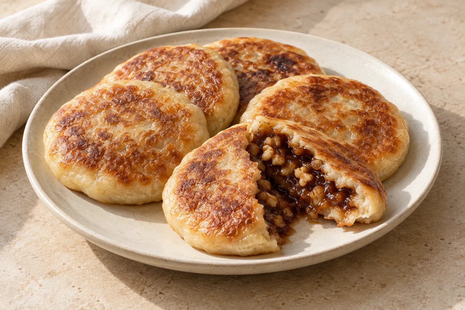 Golden fried pancake disks with naturally uneven edges, one opened to reveal glossy brown sugar and chopped walnut filling