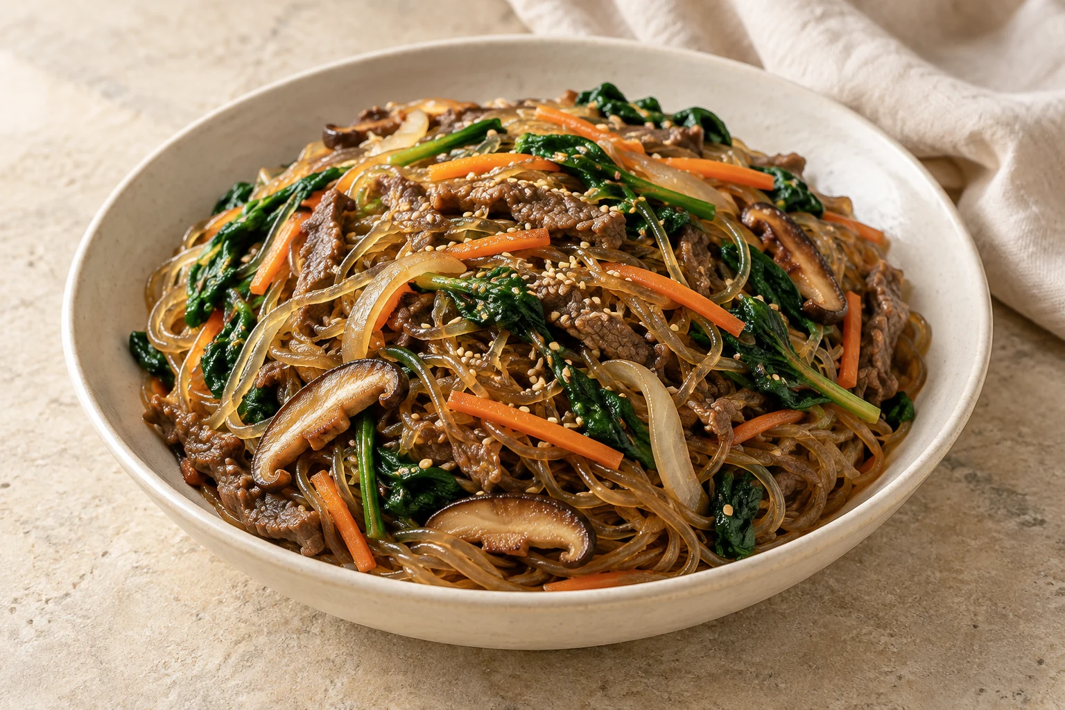 Translucent brown glass noodles tangled with thin beef, spinach, carrot, onion, mushrooms, and scattered sesame seeds
