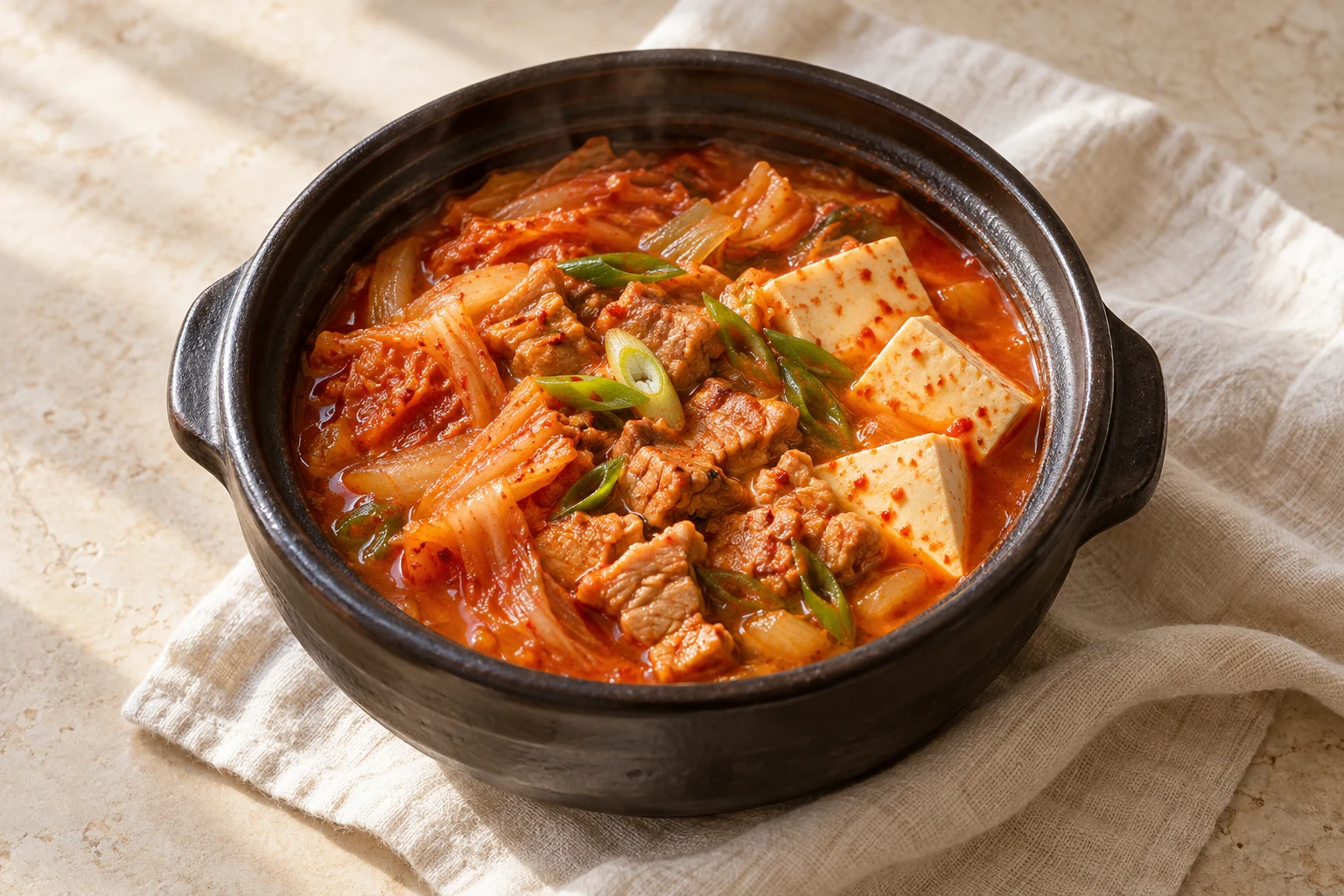 Red kimchi stew with folded napa cabbage, pork pieces, ivory tofu slabs, and casually scattered scallion slices