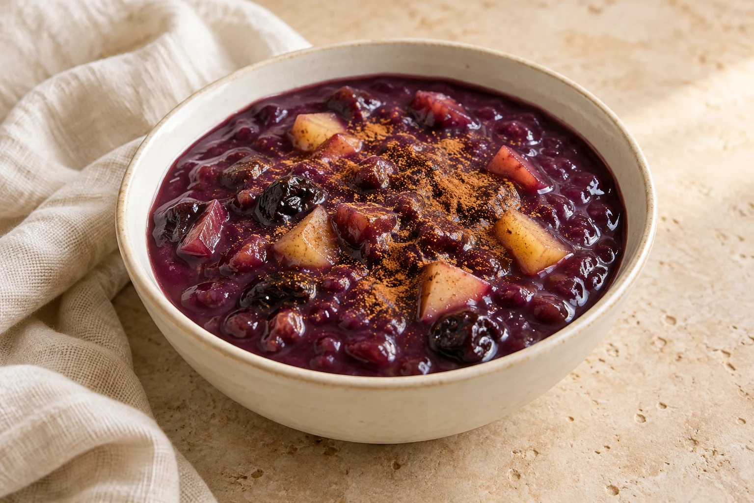 Glossy deep-purple pudding with small irregular pineapple, apple, and prune pieces and a light uneven cinnamon dusting