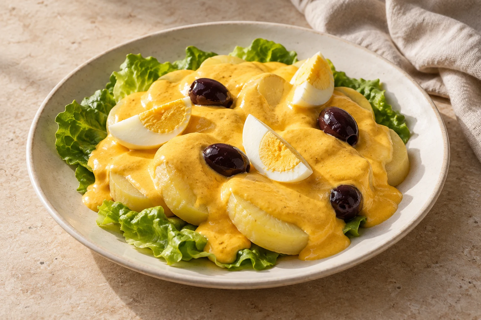Thick potato slices covered in golden cheese sauce on lettuce, with unevenly placed boiled-egg wedges and black olives