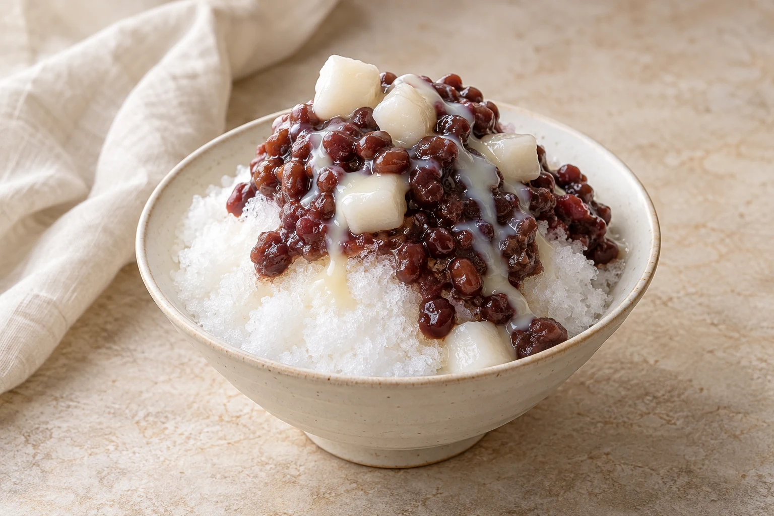 A loose mound of finely shaved white ice topped unevenly with sweet red beans, small rice-cake pieces, and condensed milk