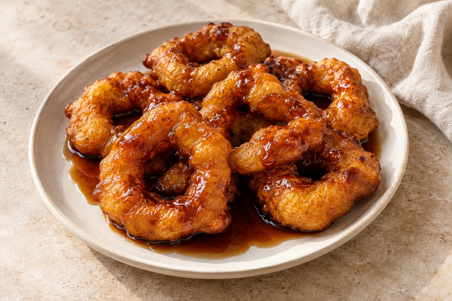 Naturally uneven golden ring fritters with different-sized holes, loosely stacked and drizzled with dark chancaca syrup