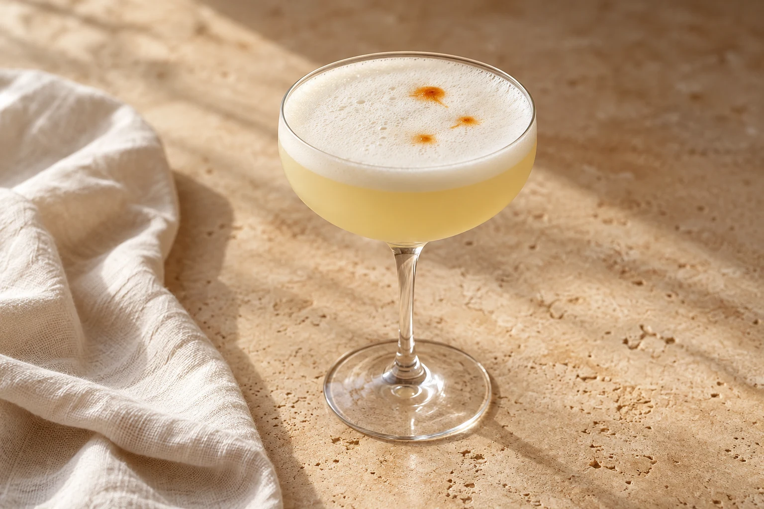 Pale pisco sour served without ice in a coupe, topped with soft white foam and a few asymmetrically placed bitters drops