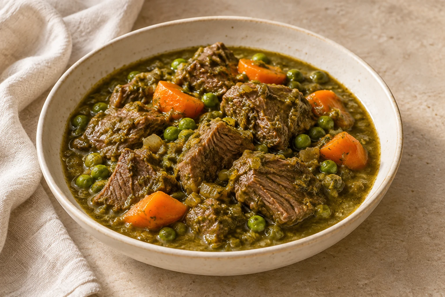 Tender beef chunks in a deep green cilantro sauce with irregular carrot pieces and scattered peas