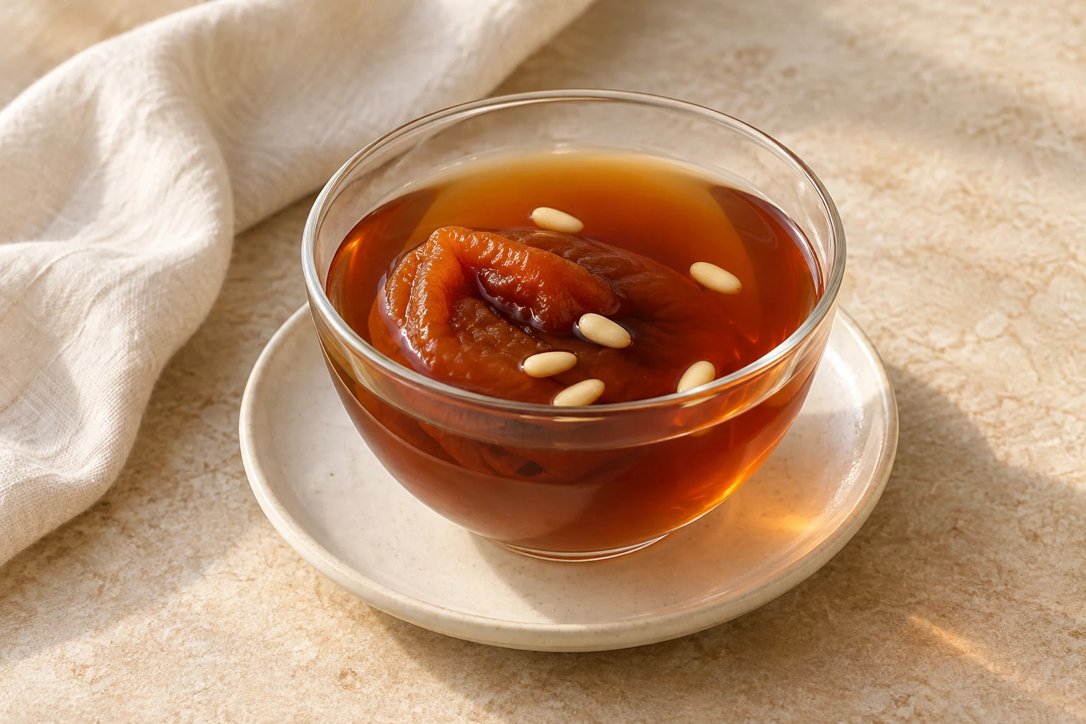 Clear cinnamon-brown punch in small cups with softened dried persimmon pieces and a loose scatter of pine nuts