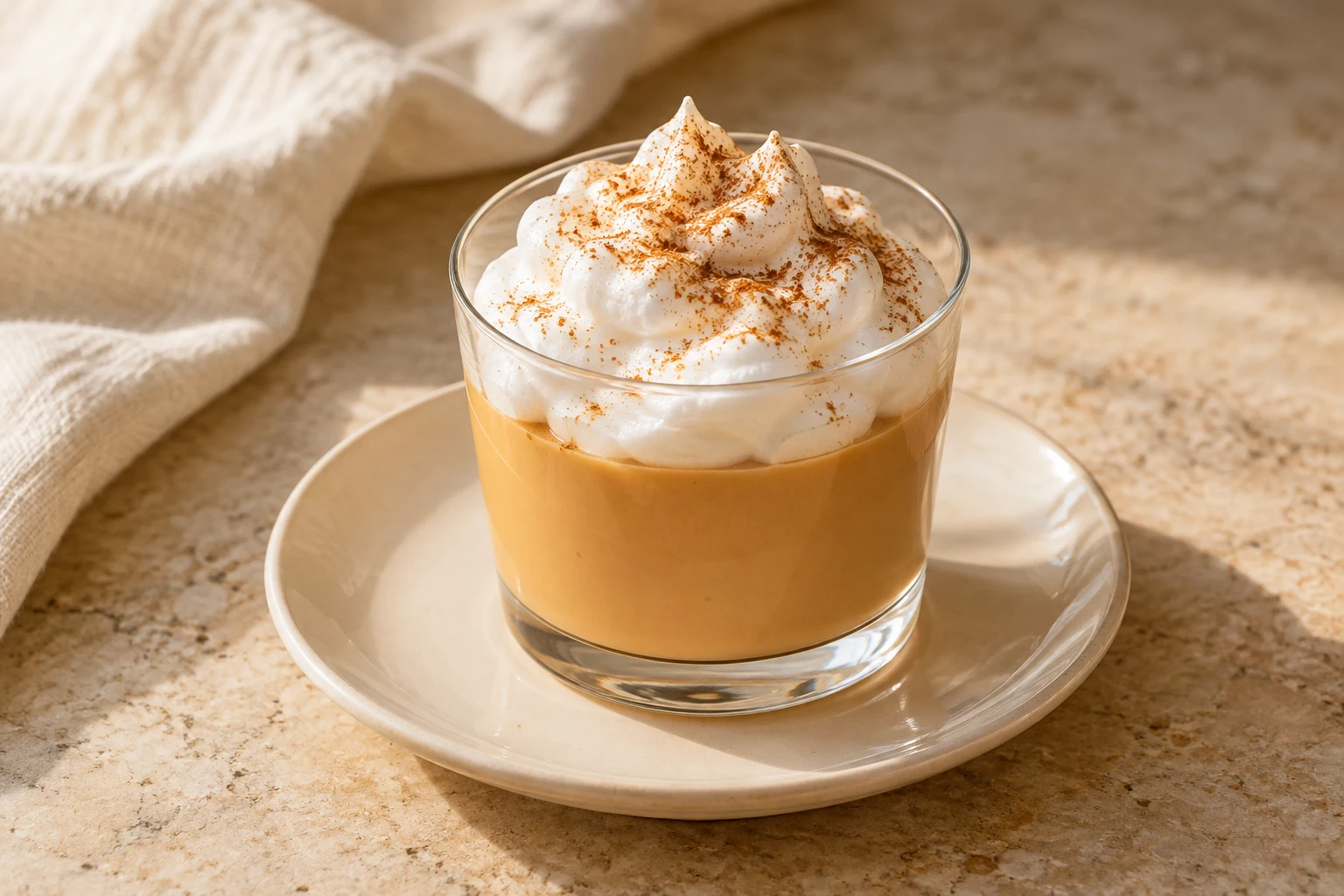 Small glass of caramel-colored milk custard beneath loose white meringue peaks with a restrained irregular dusting of cinnamon