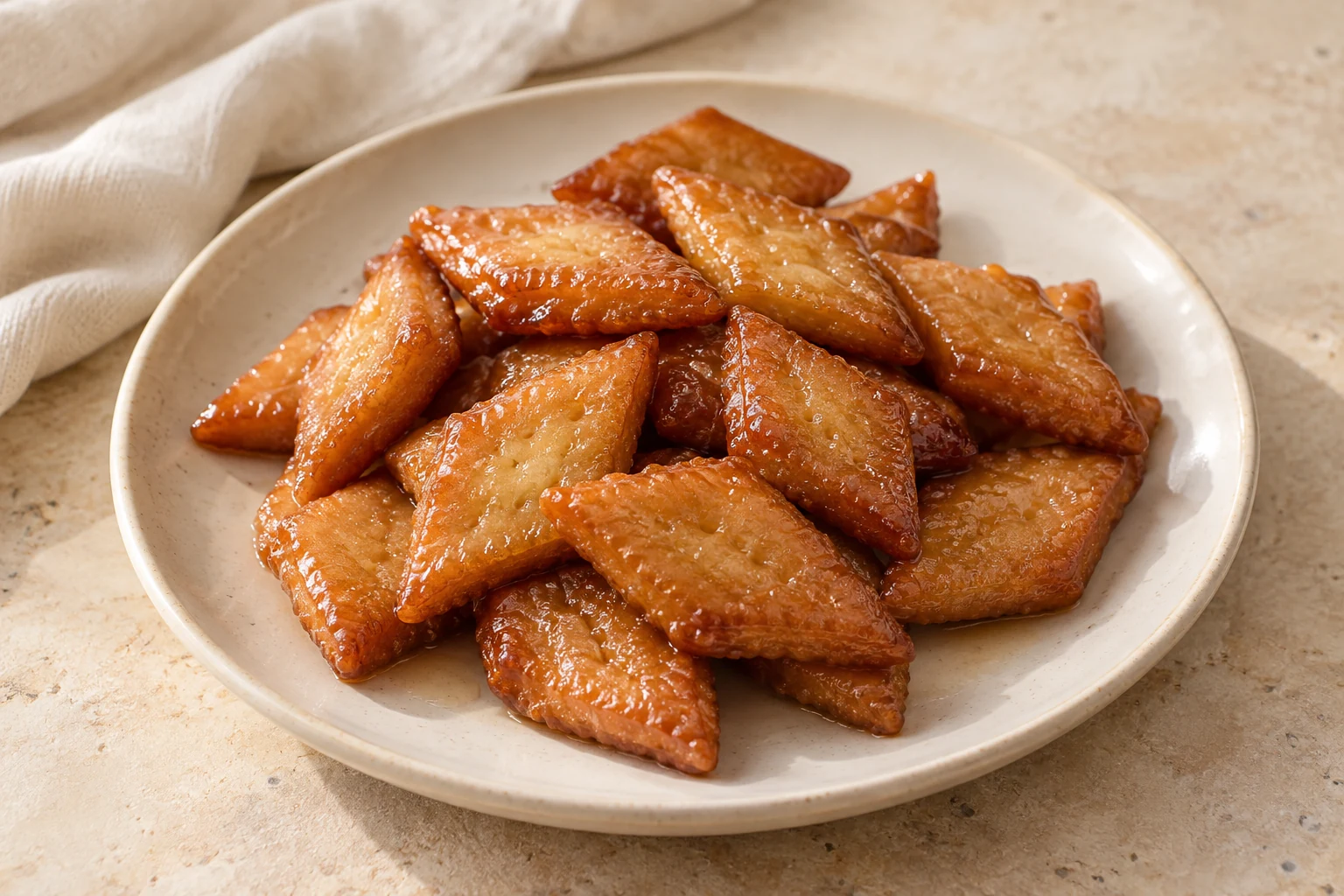 Small golden-brown diamond cookies with irregular fork marks and a glossy honey syrup coating, loosely piled on a ceramic plate
