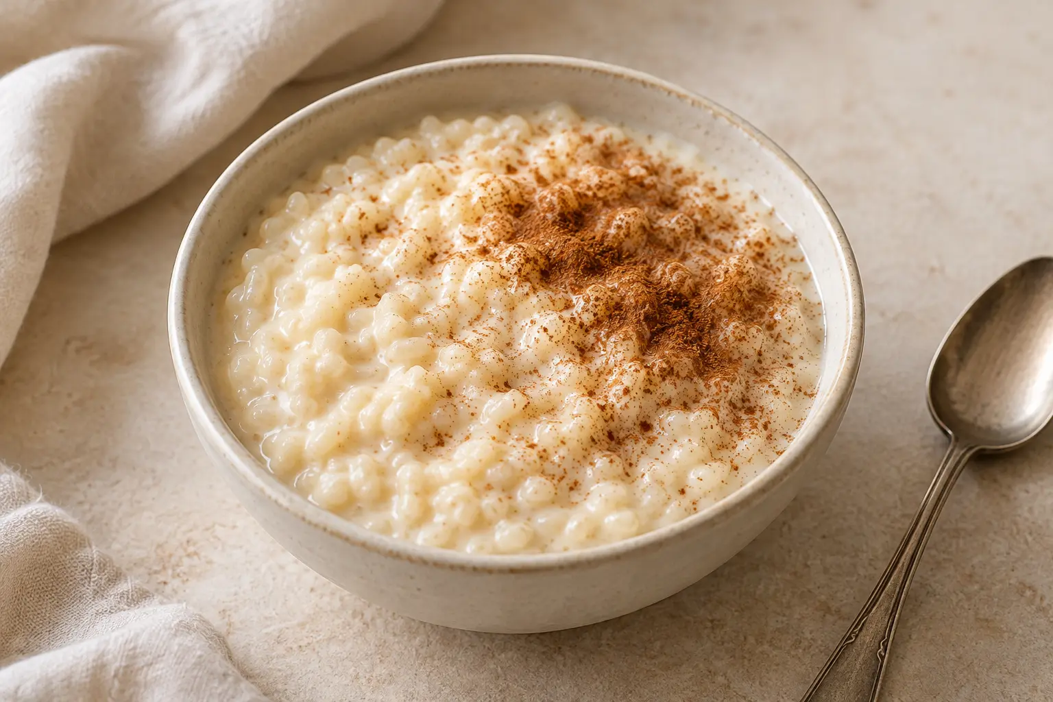 Creamy ivory rice pudding in a small bowl with an uneven light dusting of cinnamon
