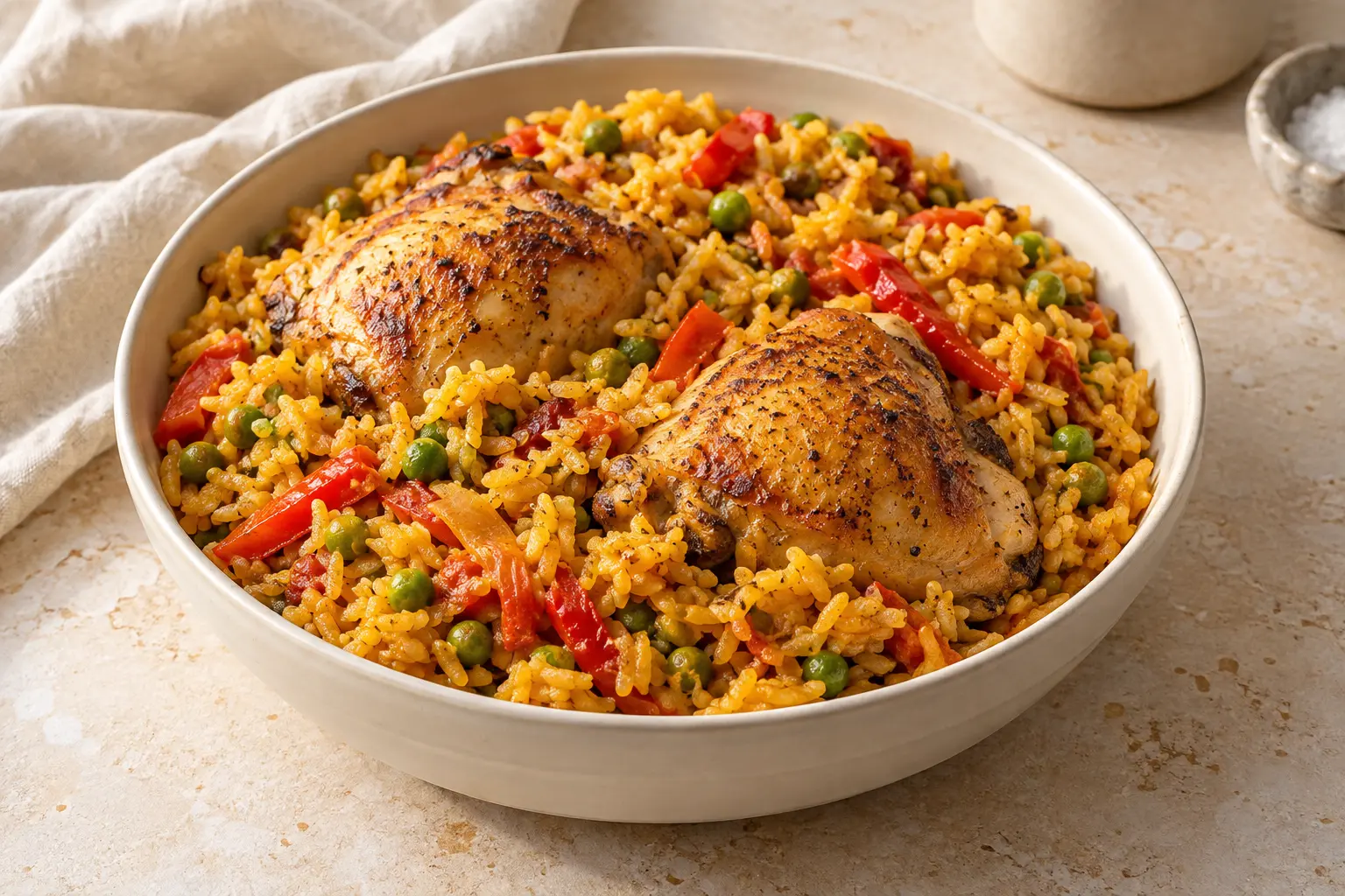 Golden Cuban rice with browned bone-in chicken thighs, peas, and irregular red pepper strips
