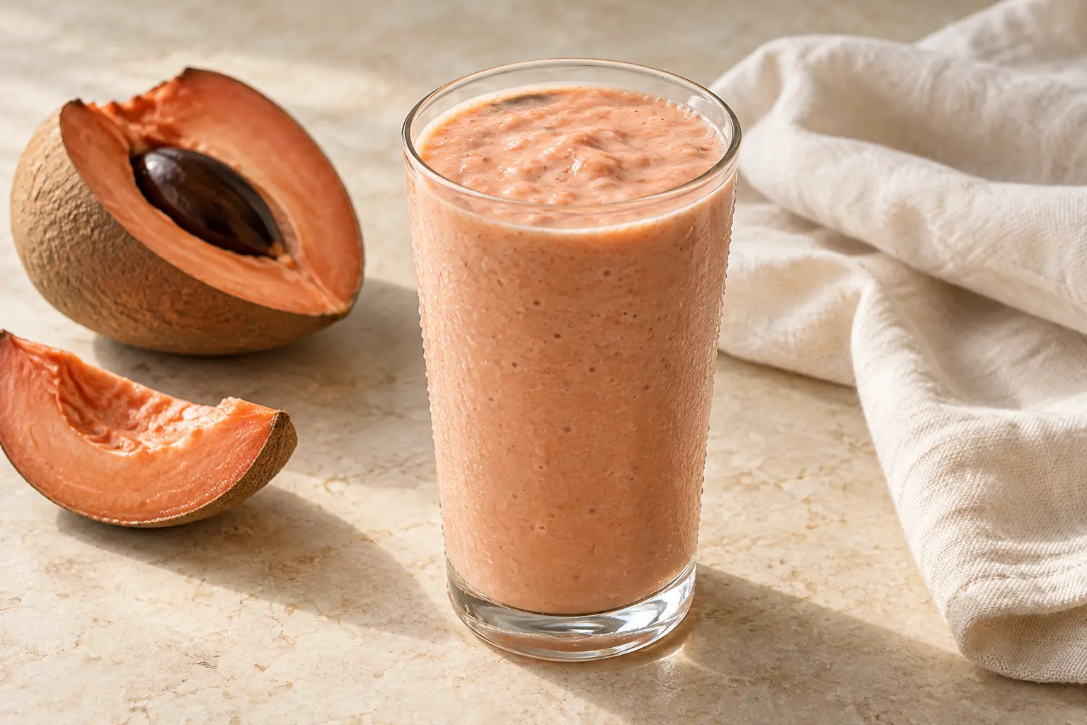 A creamy muted peach-pink mamey shake in a clear glass without whipped cream
