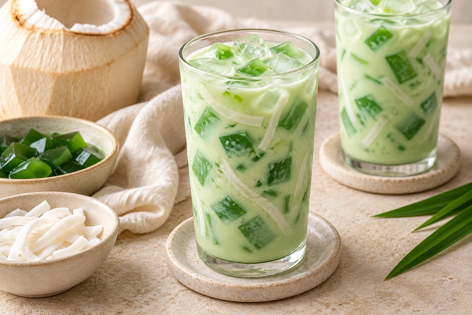 A pale green creamy coconut drink with irregular green jelly cubes and white young-coconut strips