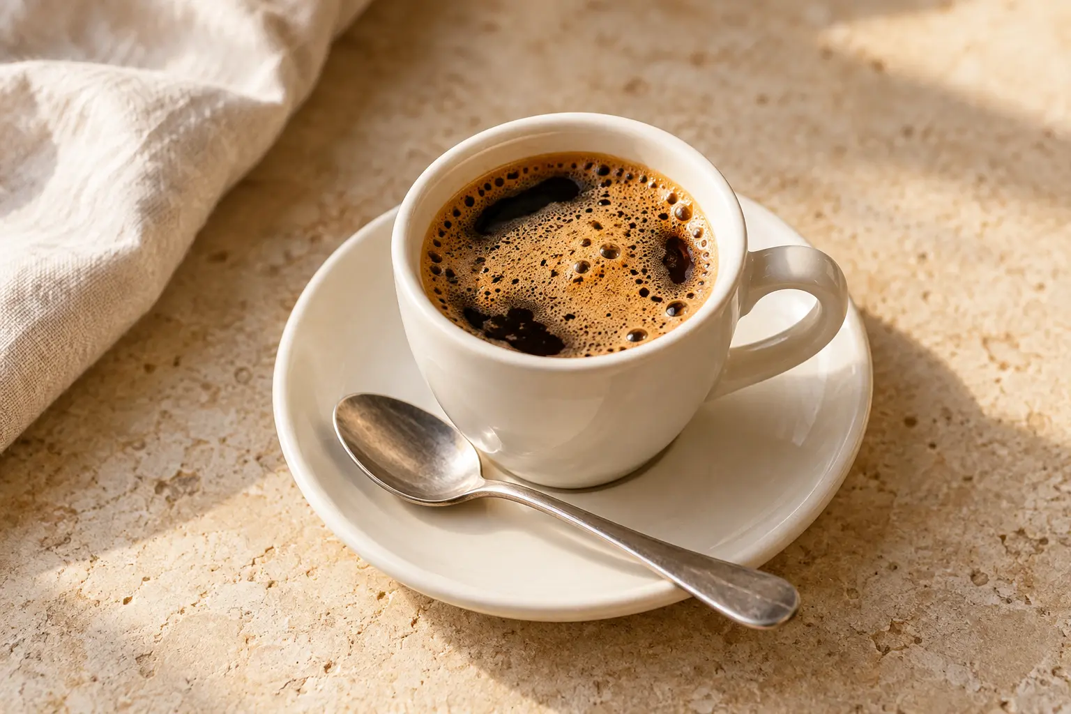 A small cup of dark Cuban coffee topped with an irregular thin layer of tan sugar foam
