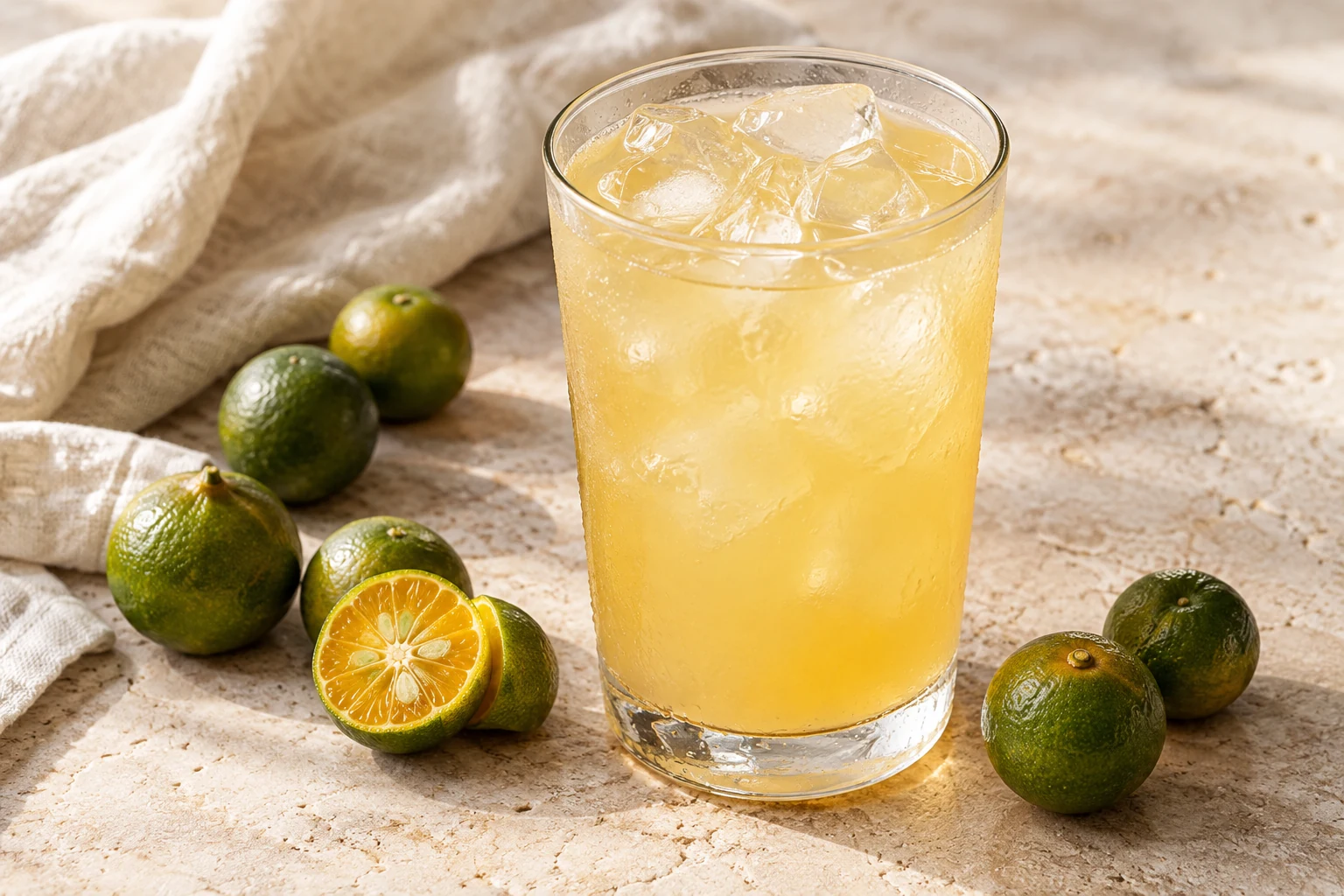 A pale golden calamansi drink over irregular ice cubes with small green citrus fruit nearby