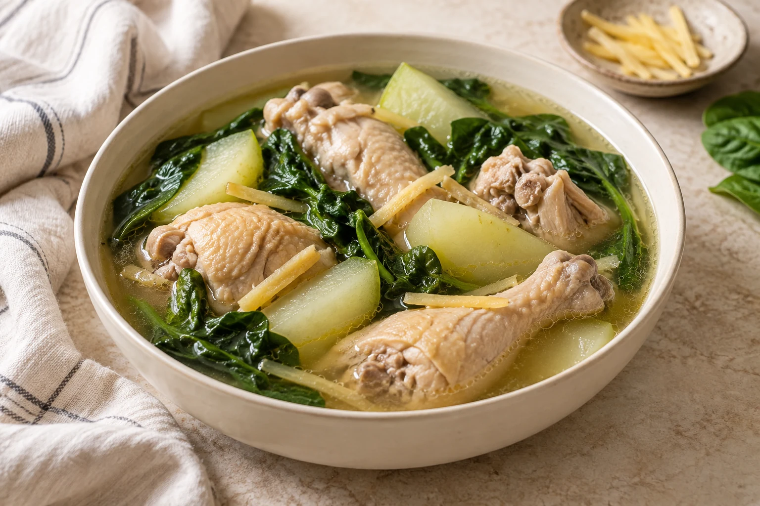 Bone-in chicken and green papaya wedges with spinach leaves in a clear ginger broth