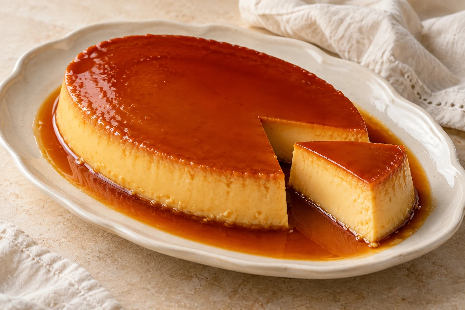 An oval pale yellow leche flan with glossy amber caramel pooling around its base