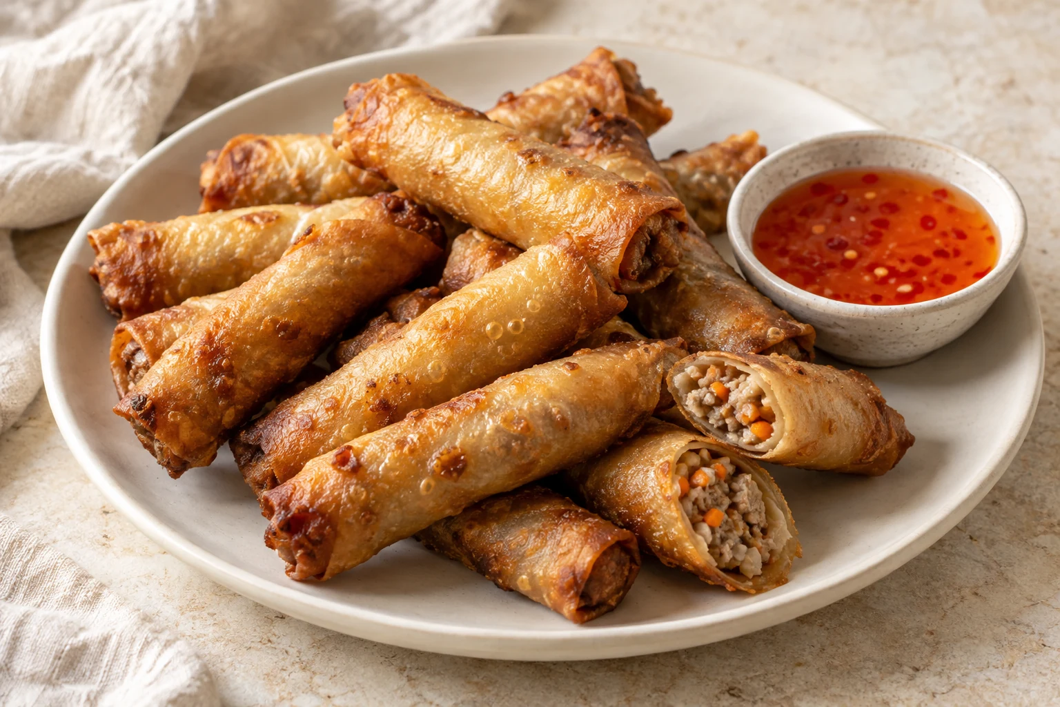Slender golden pork spring rolls arranged casually on a plate with a small bowl of dipping sauce