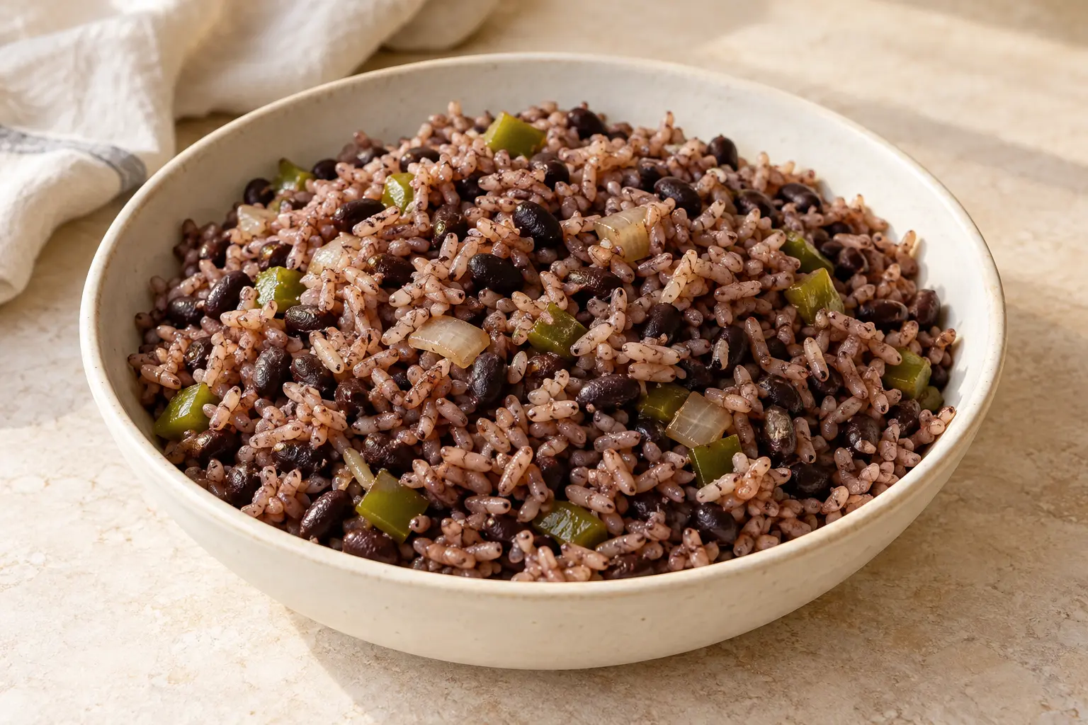 Tender rice lightly colored by black bean broth with whole black beans and small green pepper pieces