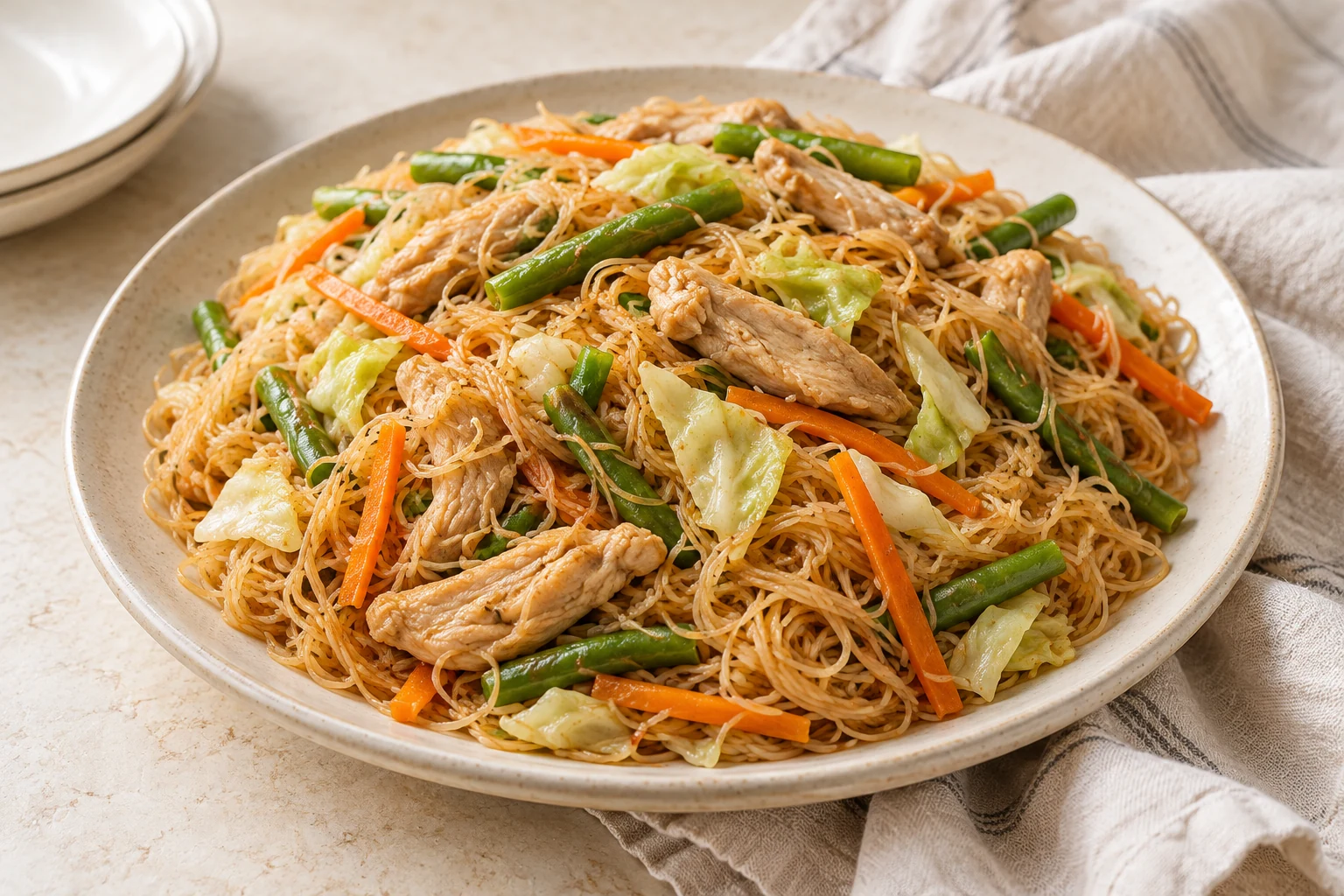 Thin rice noodles with chicken, cabbage, carrot strips, green beans, and a small citrus wedge