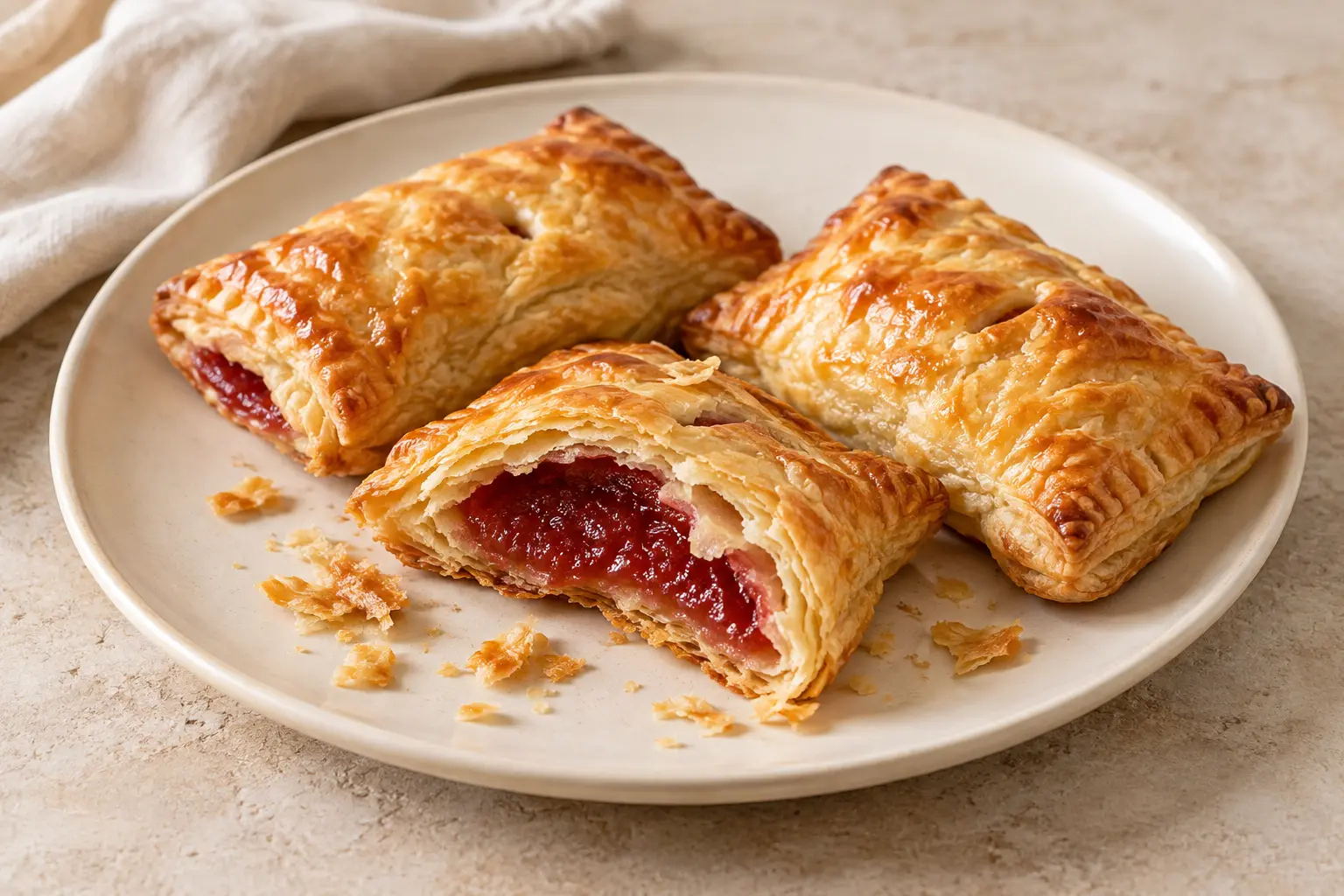 Flaky golden rectangular pastries with reddish guava paste visible between uneven pastry layers