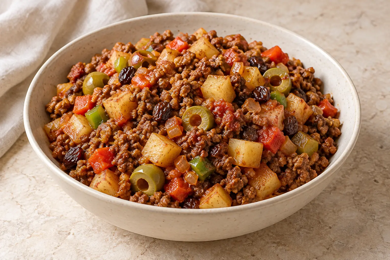 Cuban ground beef picadillo with small potato cubes, green olives, raisins, and red pepper pieces