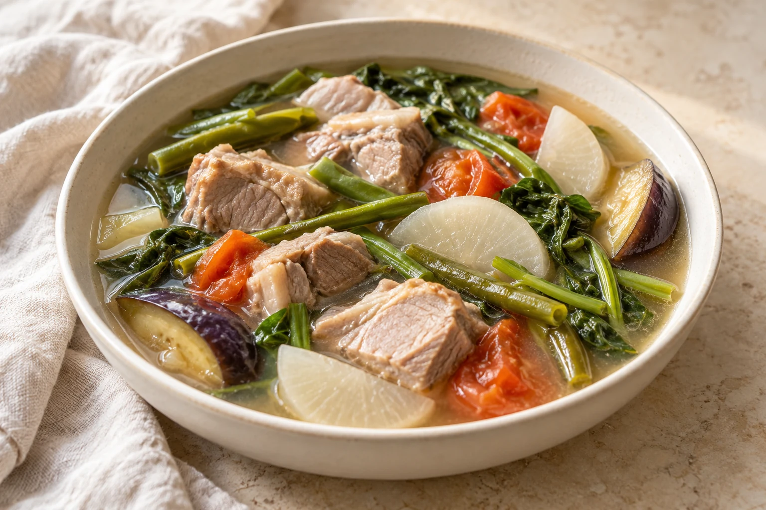 Pork chunks, tomato, daikon, long beans, eggplant, and leafy greens in a pale tamarind broth