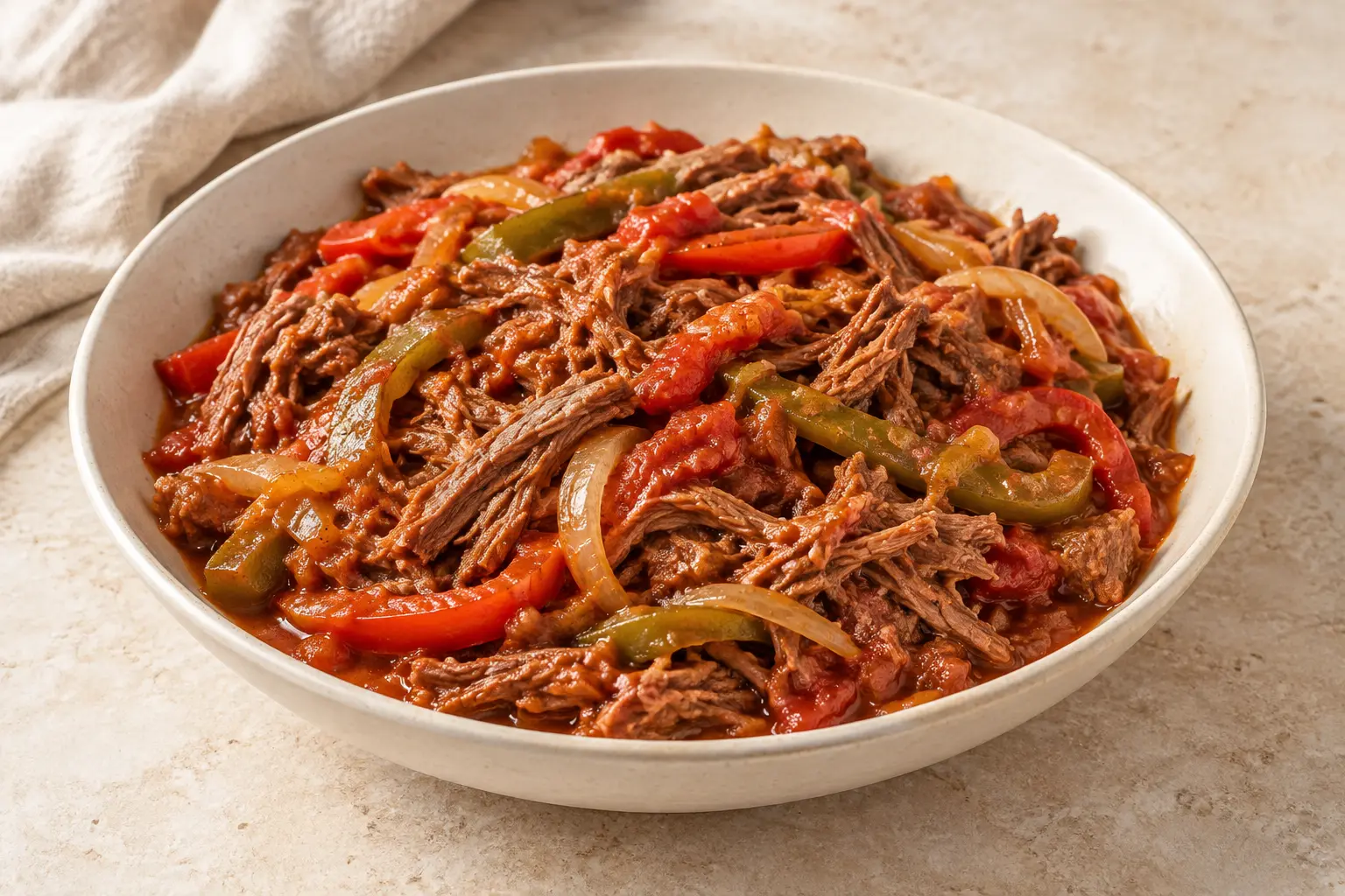 Loose shredded beef in red tomato sauce with softened red and green pepper strips and onion