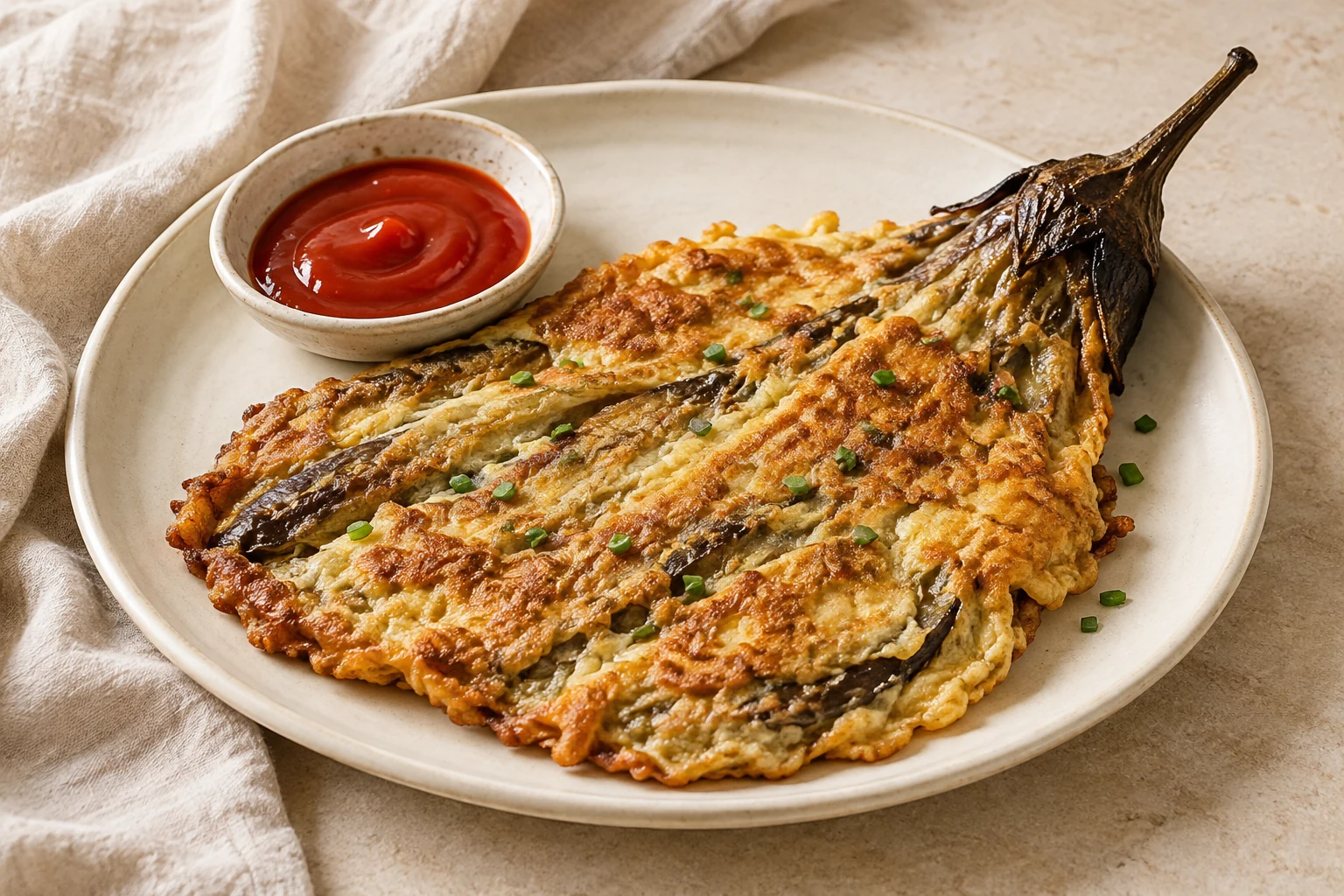 A flattened whole eggplant with its stem attached, covered in an irregular golden egg coating