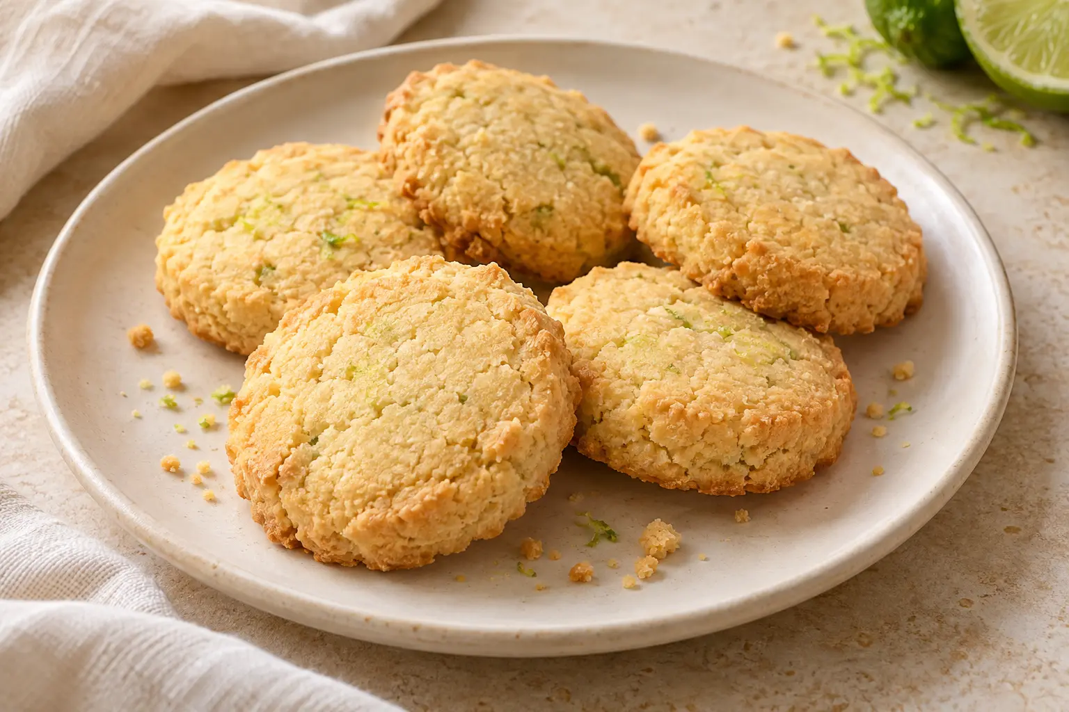 Thick pale-gold round shortbread cookies with subtly irregular edges and fine lime zest