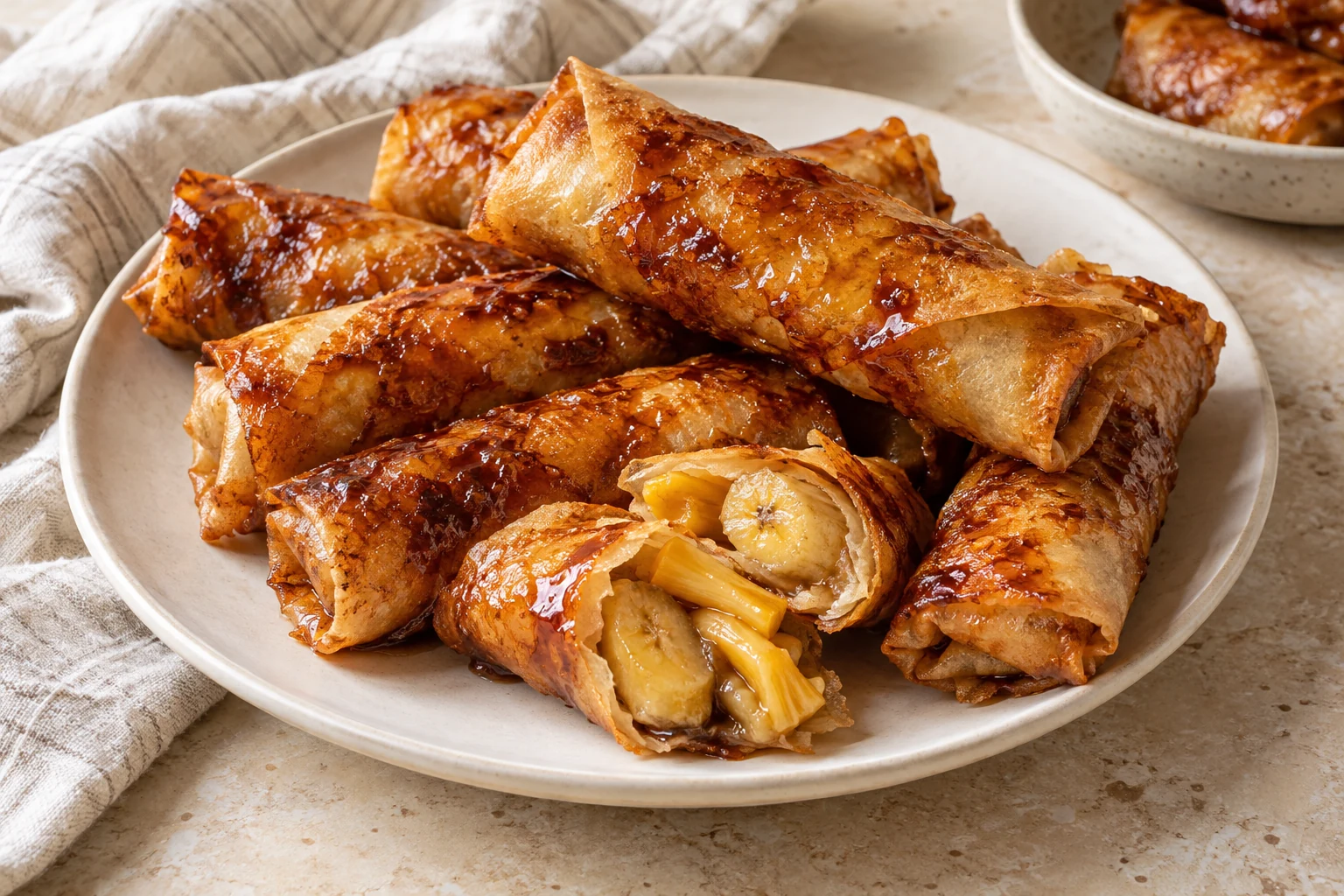 Golden banana and jackfruit spring rolls with irregular patches of caramelized sugar