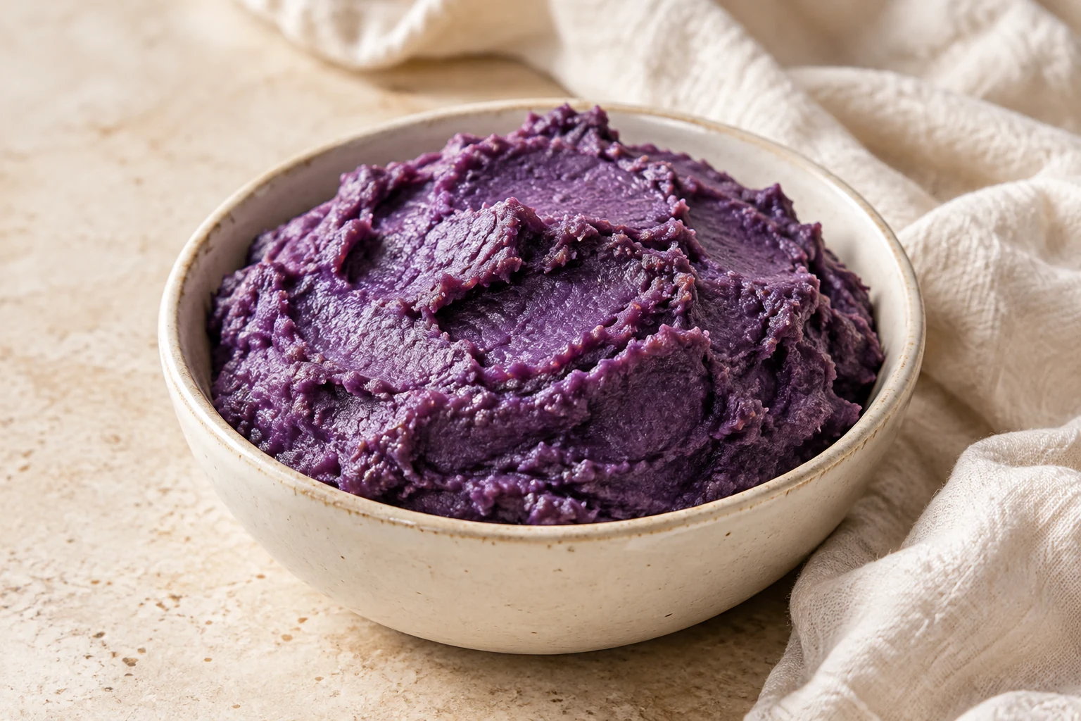 Muted purple ube halaya in a small ceramic bowl with soft, uneven spoon marks