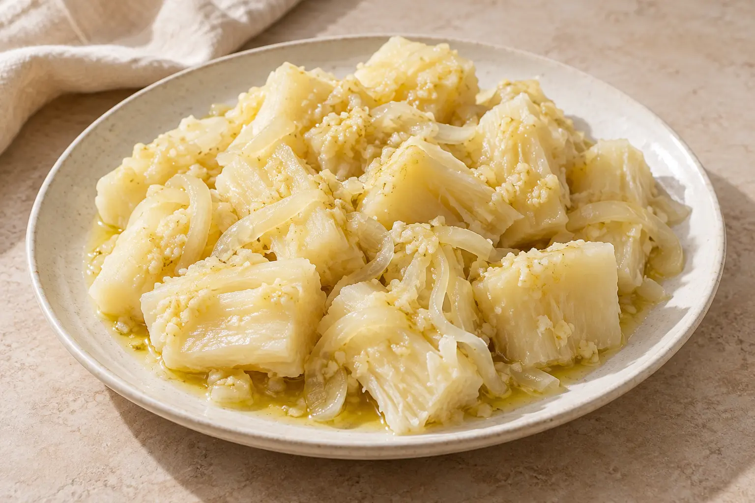 Creamy white boiled cassava chunks with soft onion strips and a glossy garlic-citrus dressing