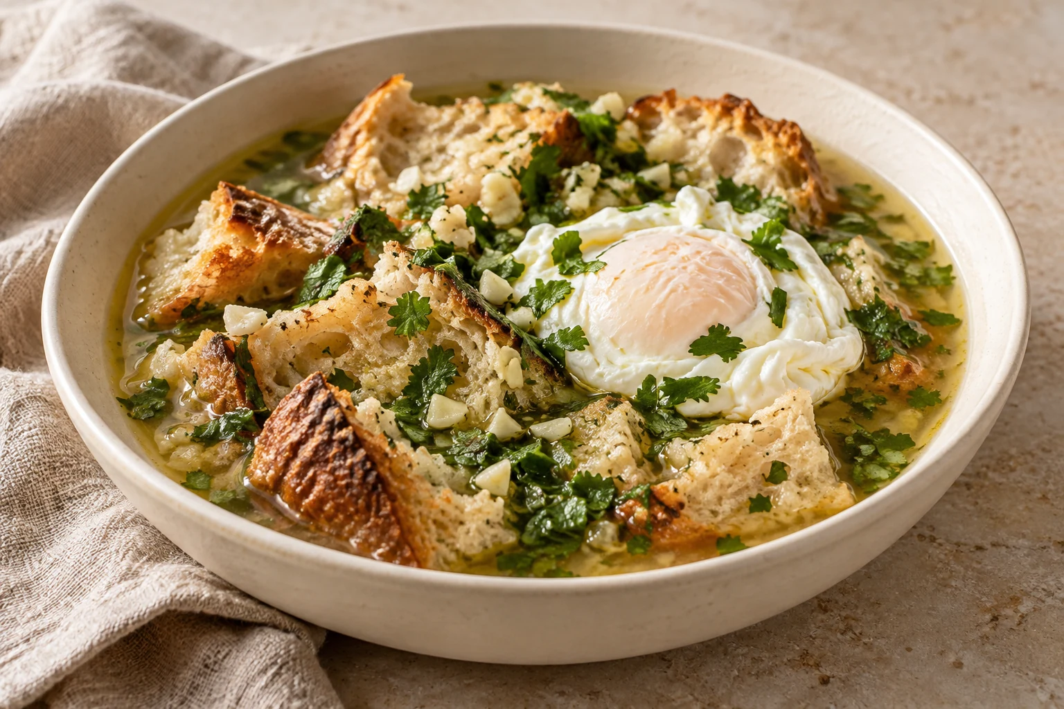 Rustic bread slices soaking in golden broth with roughly crushed cilantro and garlic, topped with a fully set poached egg
