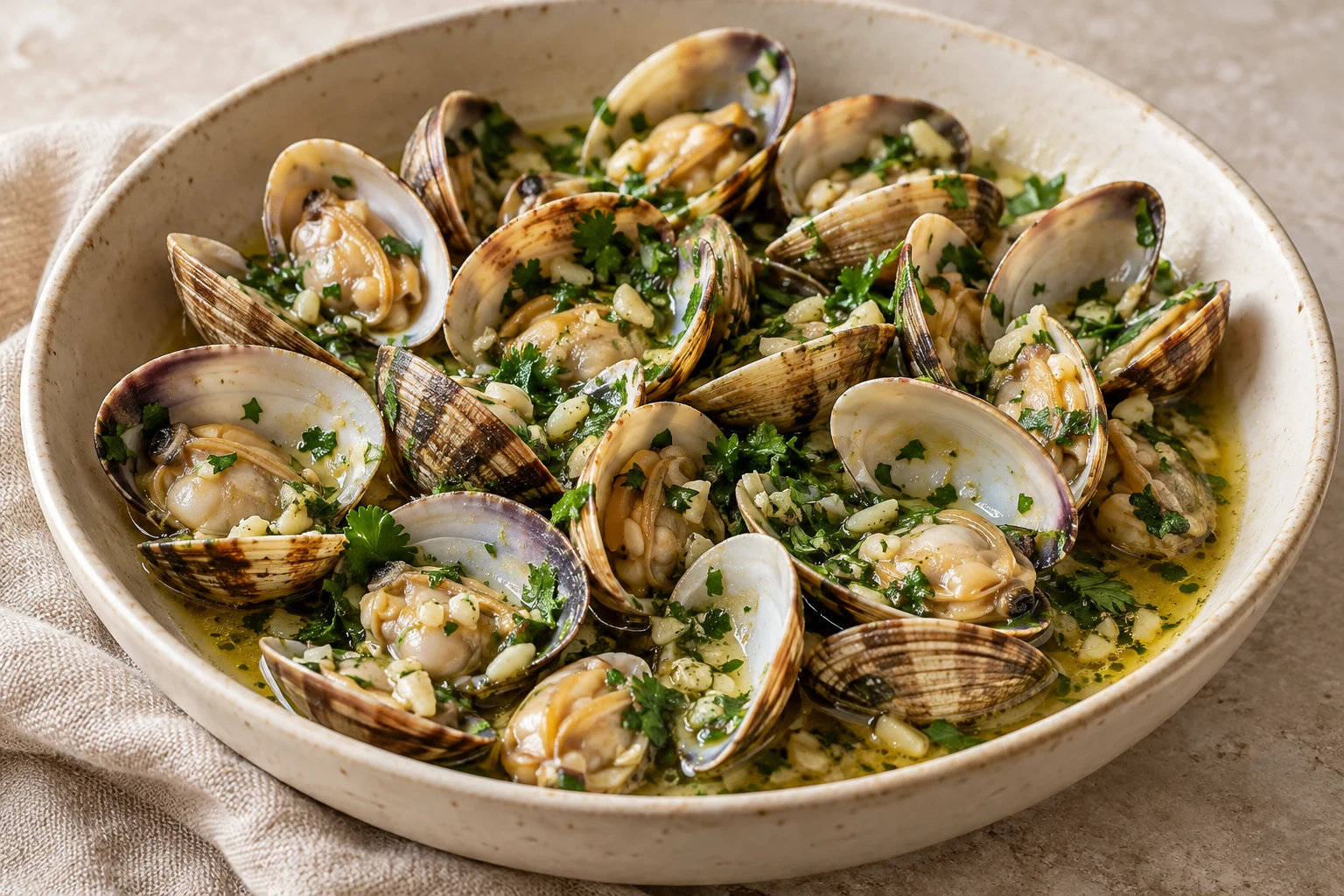 Open clams in naturally scattered shells with a shallow golden garlic broth and unevenly chopped cilantro, without tomato
