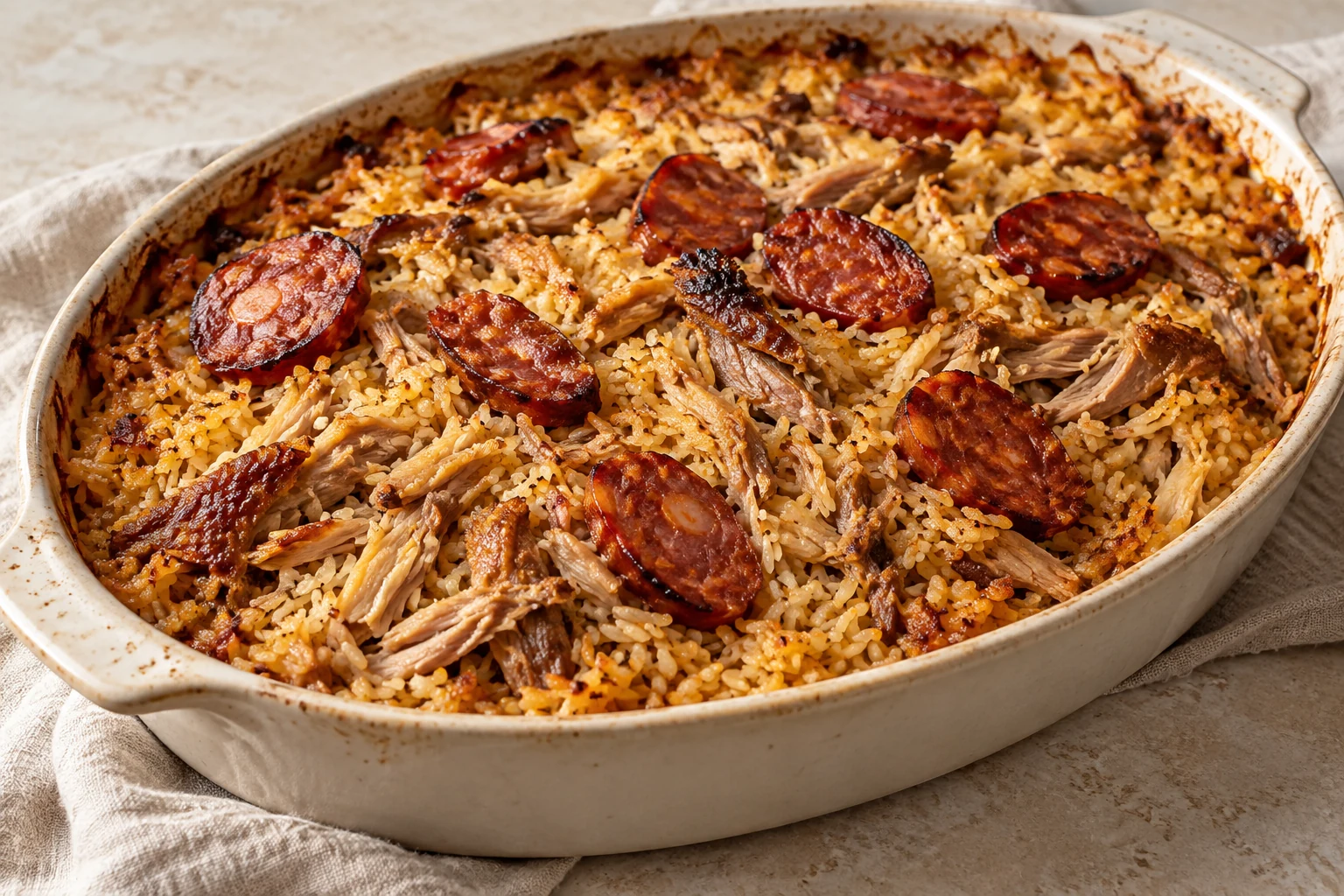 Golden baked rice with visible shredded duck and irregularly spaced browned chouriço slices, without herb garnish