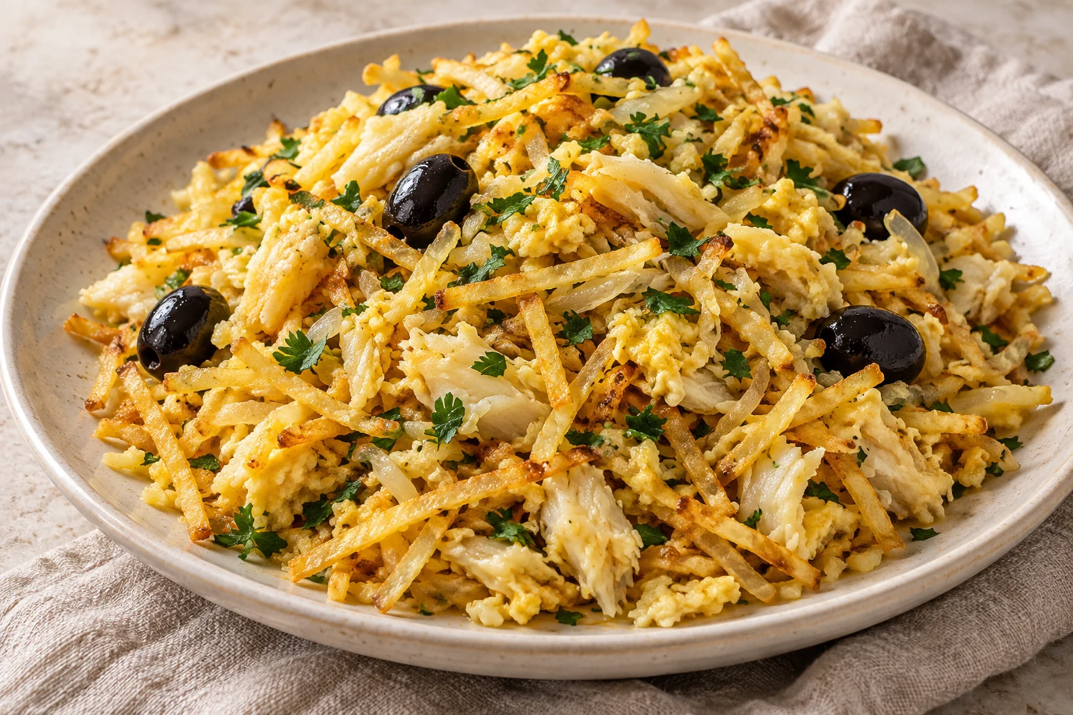 Loose golden mixture of fine potato sticks, white cod flakes, cooked egg, and onion with scattered parsley and unevenly placed black olives