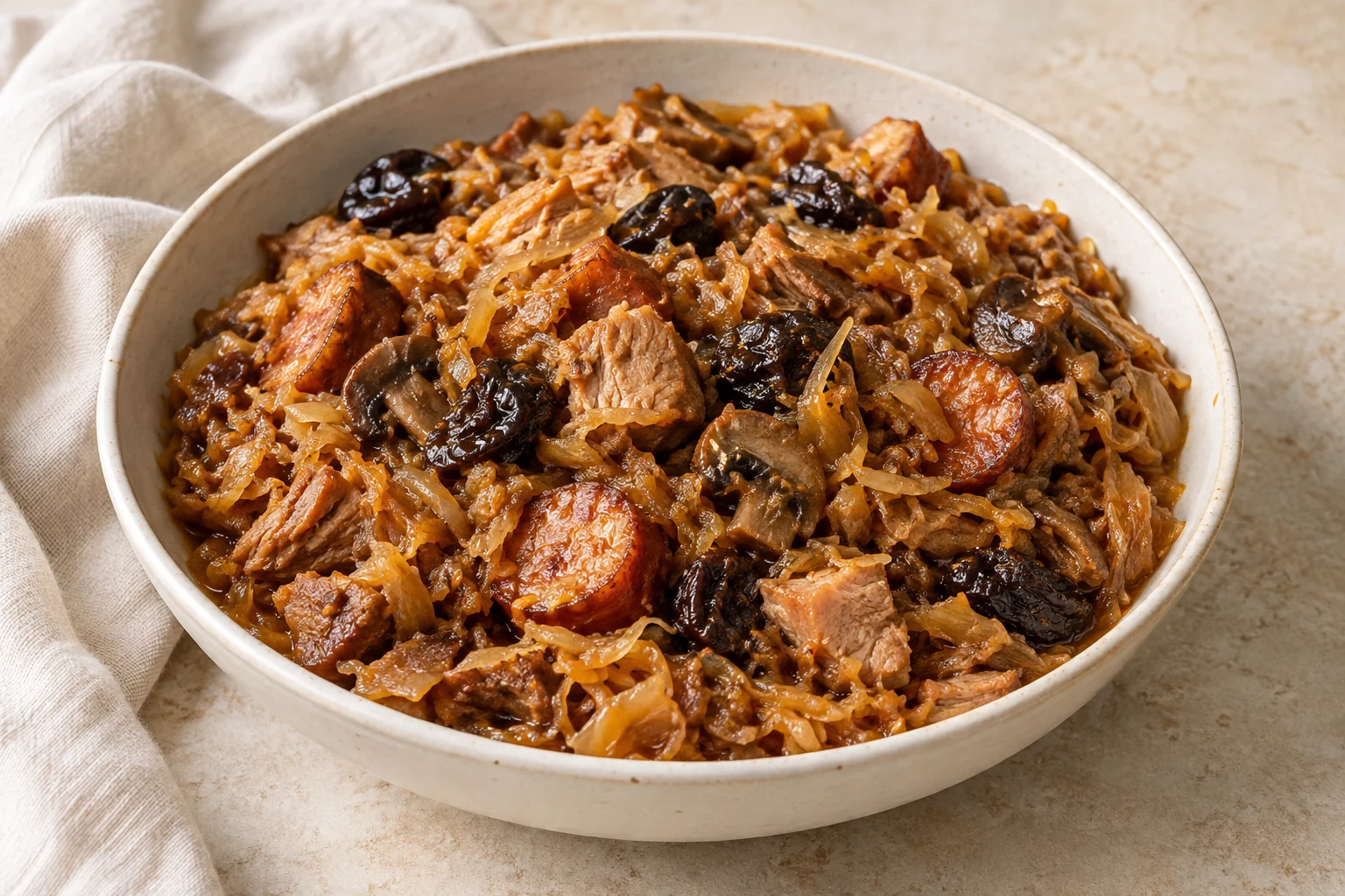Rustic brown cabbage stew with irregular pork chunks, sausage slices, mushrooms, and softened prunes, without garnish